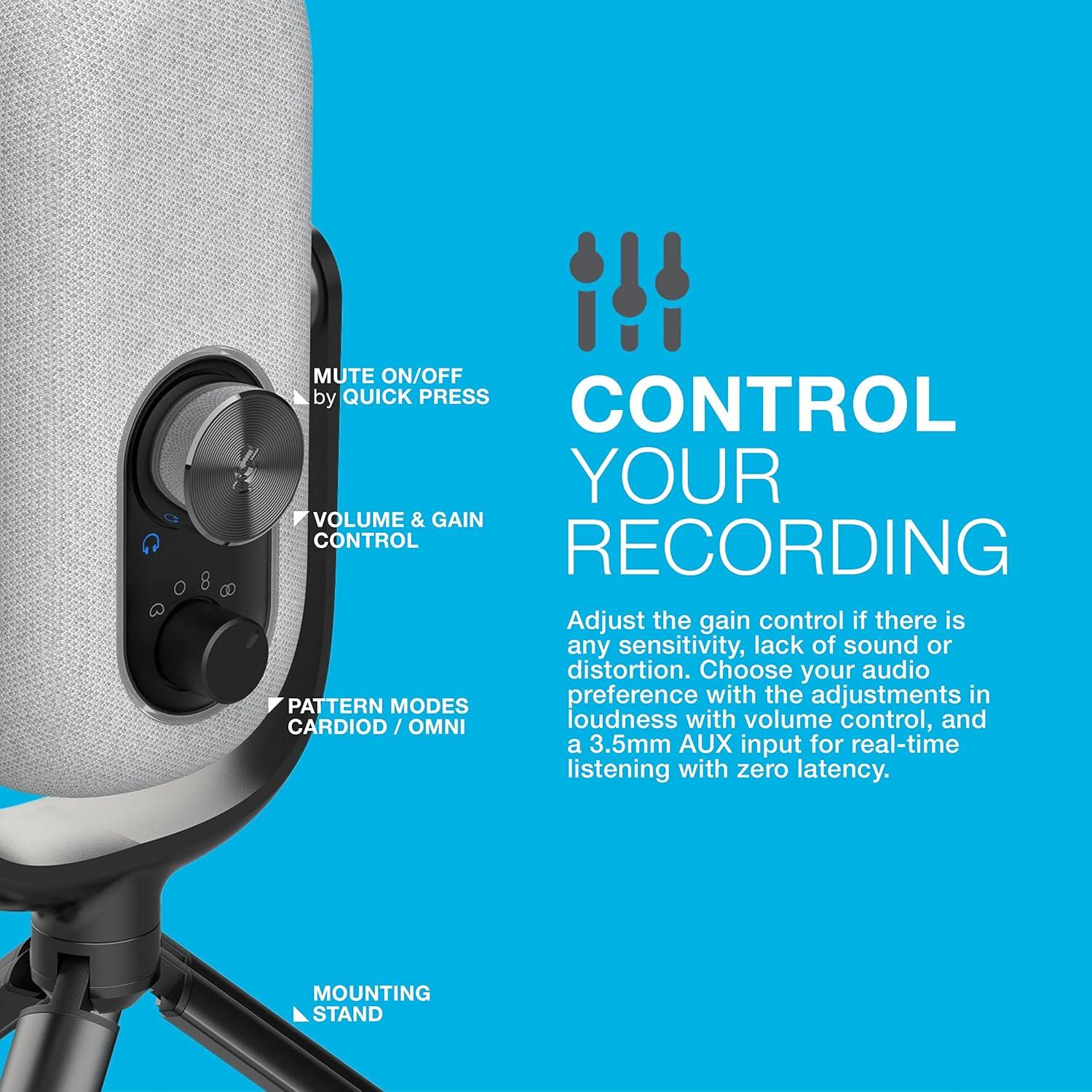 imageJLab Epic Talk USB Gaming Streaming Microphone White USBC Output Cardioid Omni Stereo BiDirectional 192k Sample Rate Volume Control Gain Control and Quick Mute 35mm AUX Plug and PlayWhite