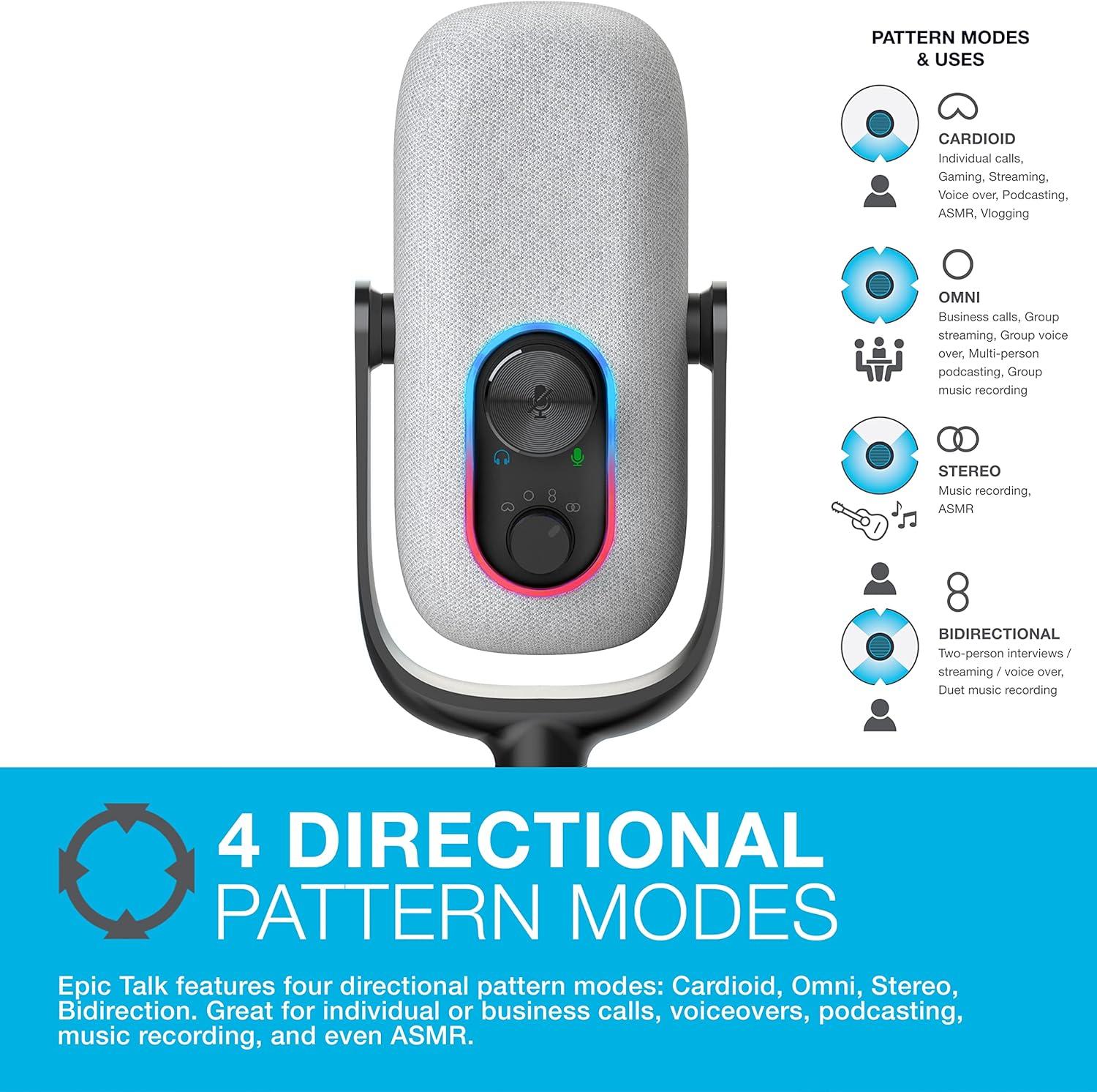 imageJLab Epic Talk USB Gaming Streaming Microphone White USBC Output Cardioid Omni Stereo BiDirectional 192k Sample Rate Volume Control Gain Control and Quick Mute 35mm AUX Plug and PlayWhite