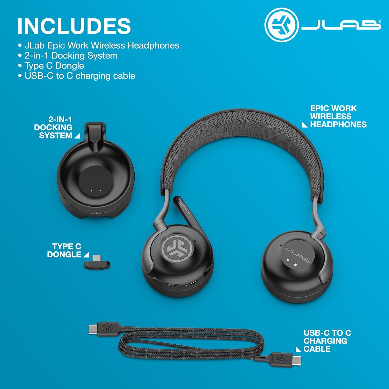 imageJLab Epic Work Wireless Headset with Microphone Smart Active Noise Cancellation Charging Hub 90 Playtime Quick Mute Bluetooth Headphones Multipoint Connect PC Laptop Mobile 1 Pack