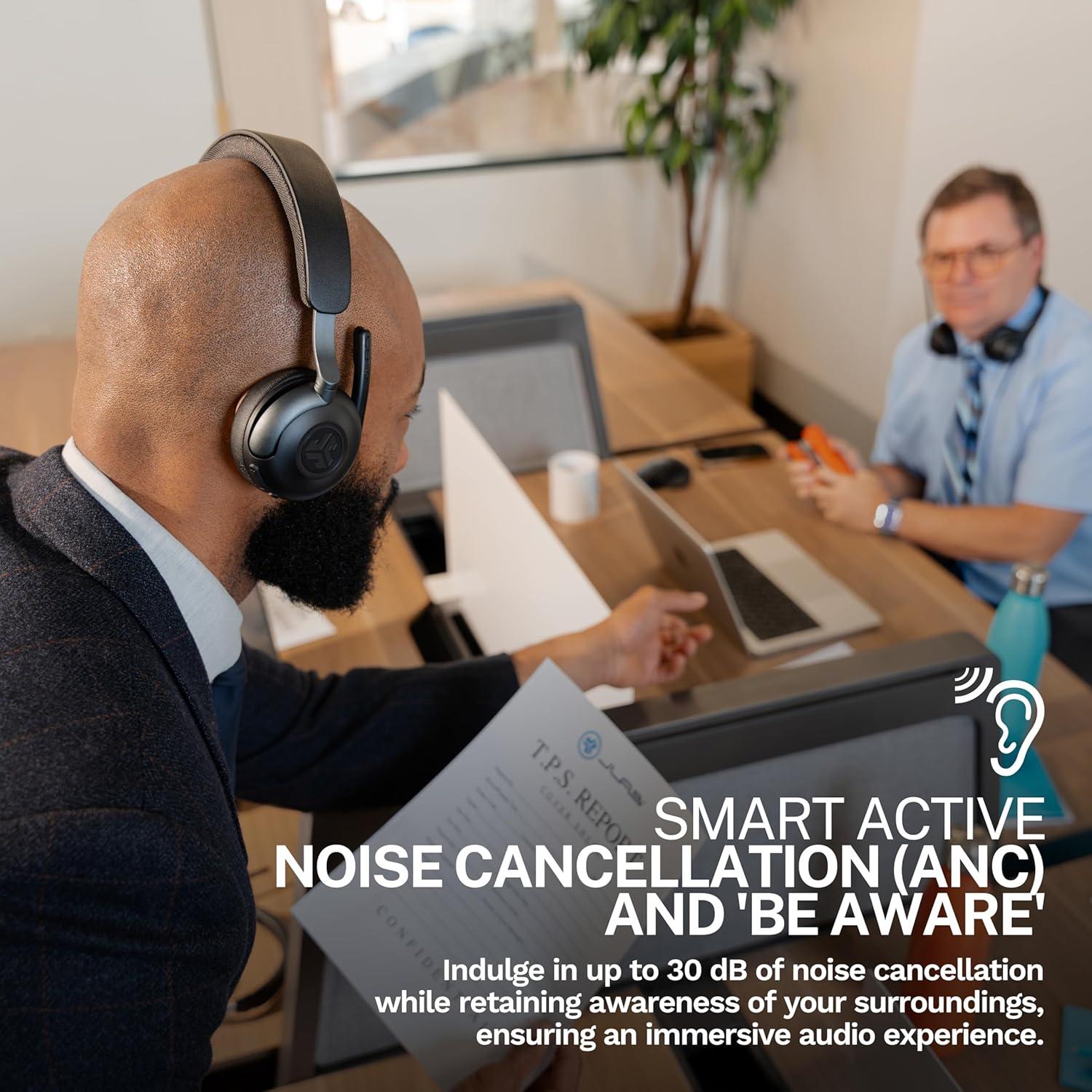 imageJLab Epic Work Wireless Headset with Microphone Smart Active Noise Cancellation Charging Hub 90 Playtime Quick Mute Bluetooth Headphones Multipoint Connect PC Laptop Mobile 1 Pack