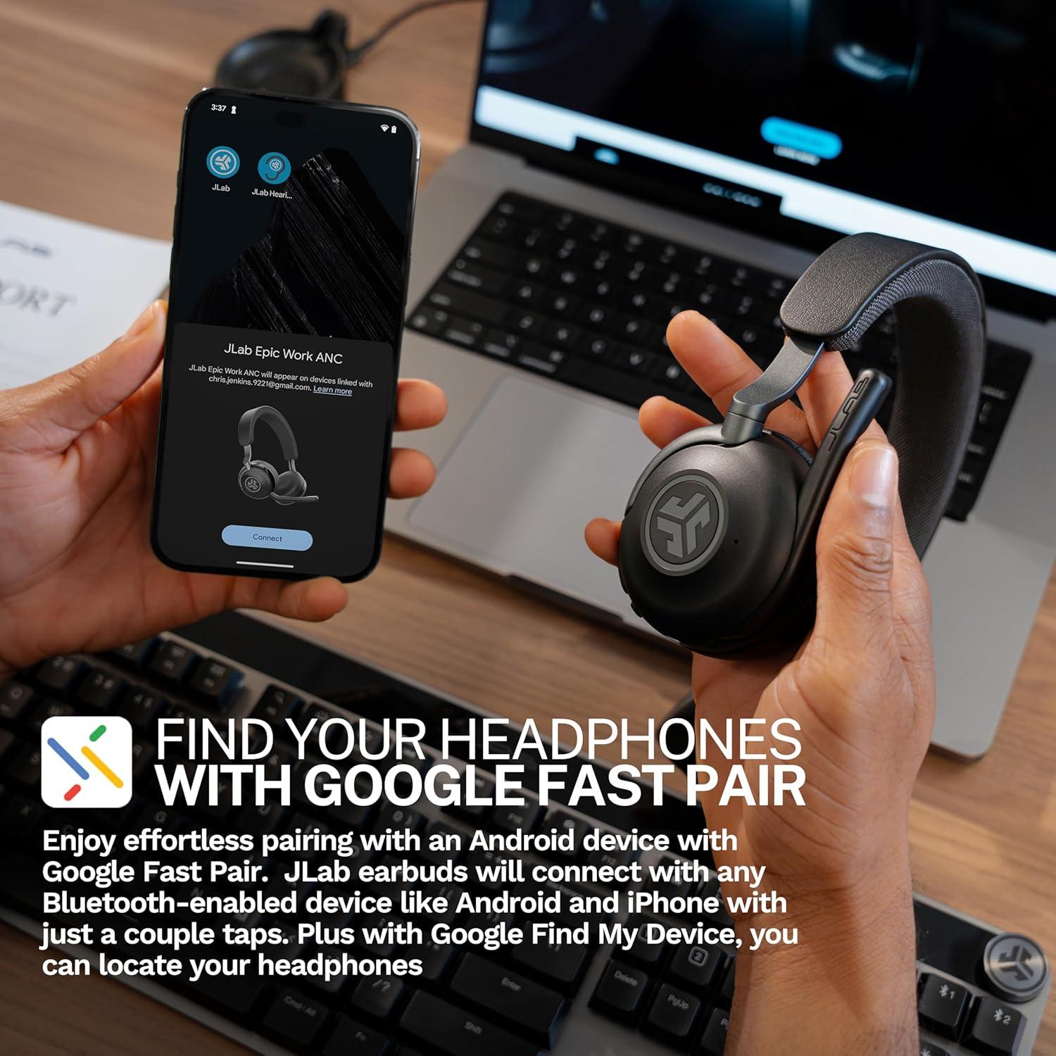 imageJLab Epic Work Wireless Headset with Microphone Smart Active Noise Cancellation Charging Hub 90 Playtime Quick Mute Bluetooth Headphones Multipoint Connect PC Laptop Mobile 1 Pack