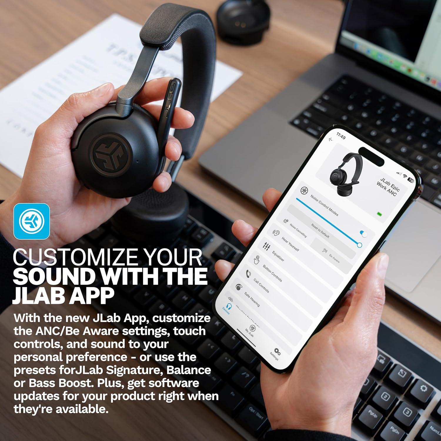 imageJLab Epic Work Wireless Headset with Microphone Smart Active Noise Cancellation Charging Hub 90 Playtime Quick Mute Bluetooth Headphones Multipoint Connect PC Laptop Mobile 1 Pack