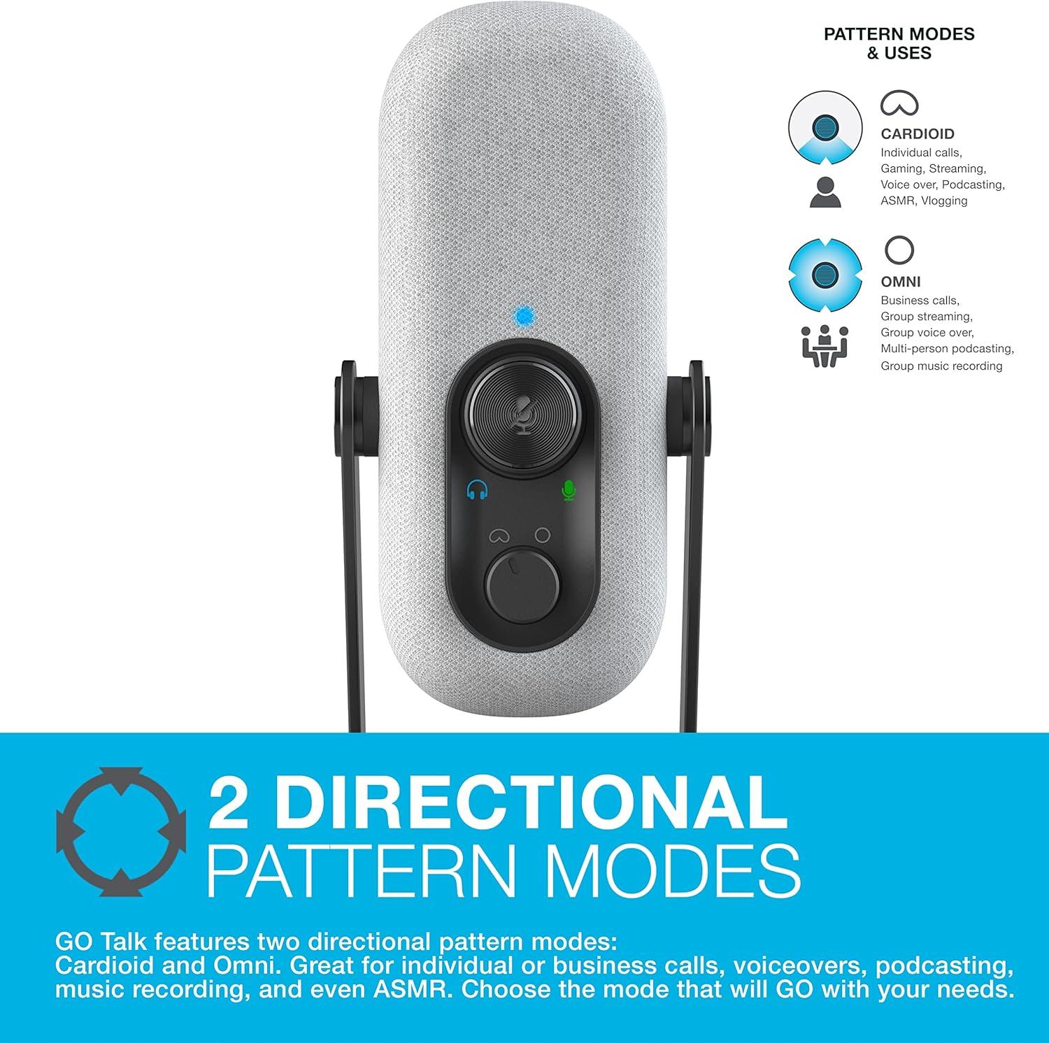 imageJLab Go Talk USB Gaming Streaming Microphone White USBC Output Cardioid Omnidirectional 96k Sample Rate 20Hz 20kHz Frequency Response Volume Control and Quick Mute 35mm AUX Plug and PlayWhite
