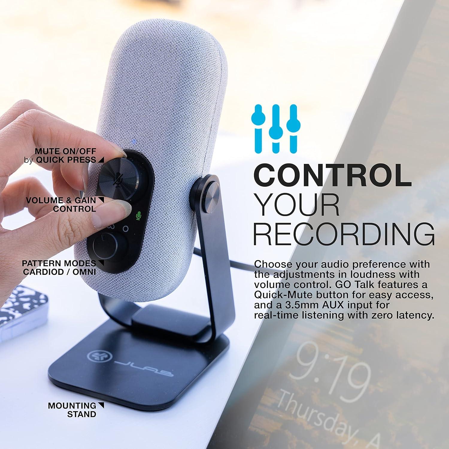 imageJLab Go Talk USB Gaming Streaming Microphone White USBC Output Cardioid Omnidirectional 96k Sample Rate 20Hz 20kHz Frequency Response Volume Control and Quick Mute 35mm AUX Plug and PlayWhite