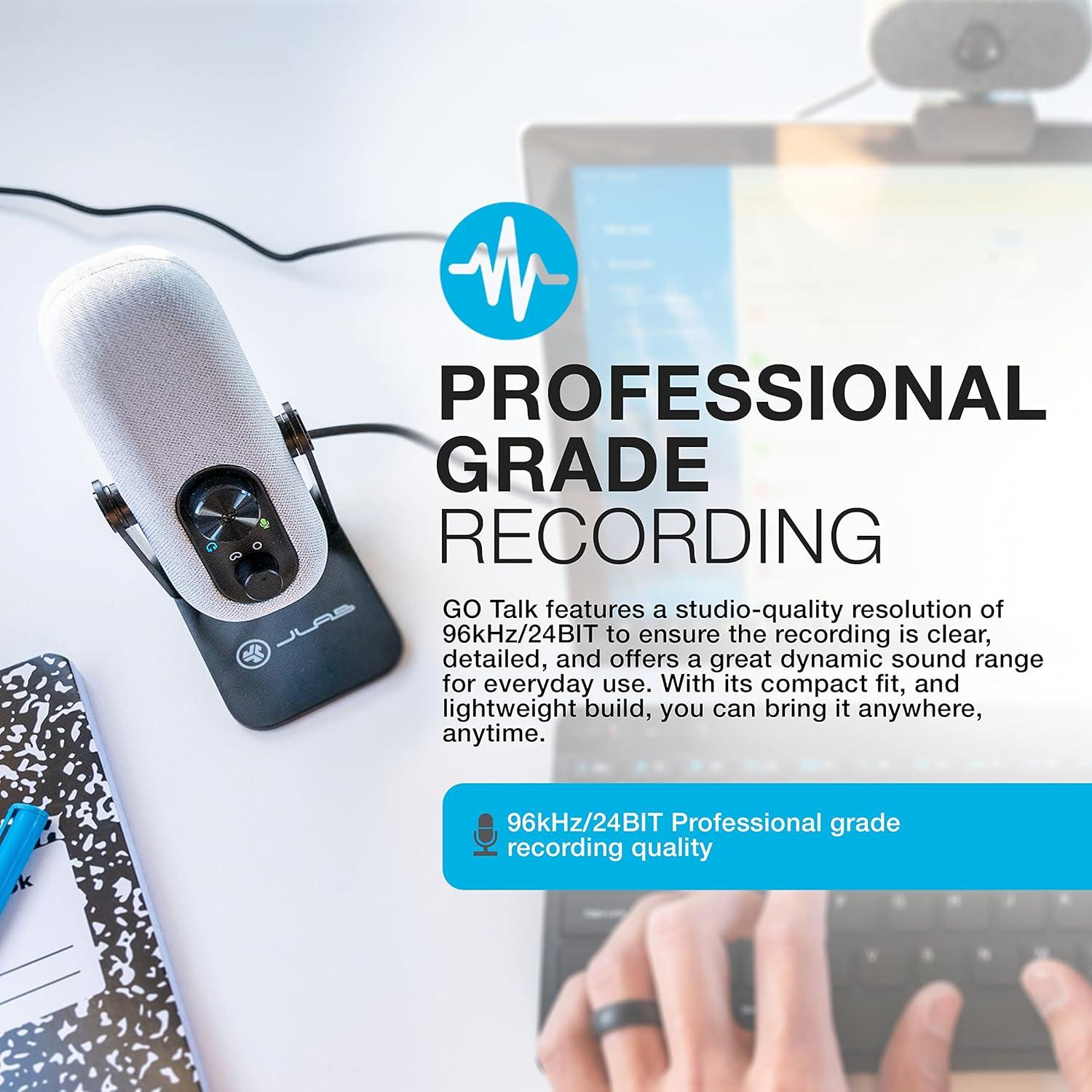 imageJLab Go Talk USB Gaming Streaming Microphone White USBC Output Cardioid Omnidirectional 96k Sample Rate 20Hz 20kHz Frequency Response Volume Control and Quick Mute 35mm AUX Plug and PlayWhite