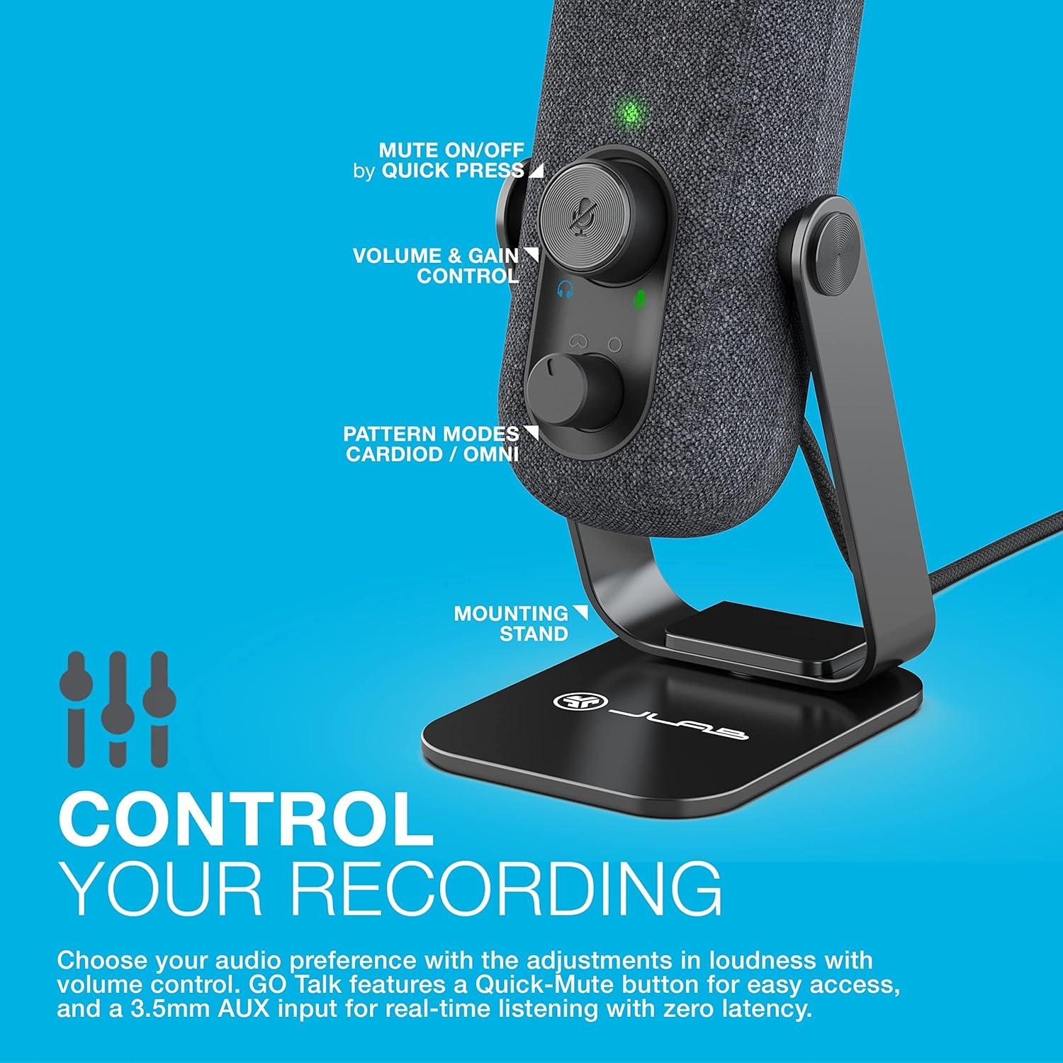 imageJLab Go Talk USB Gaming Streaming Microphone White USBC Output Cardioid Omnidirectional 96k Sample Rate 20Hz 20kHz Frequency Response Volume Control and Quick Mute 35mm AUX Plug and PlayBlack