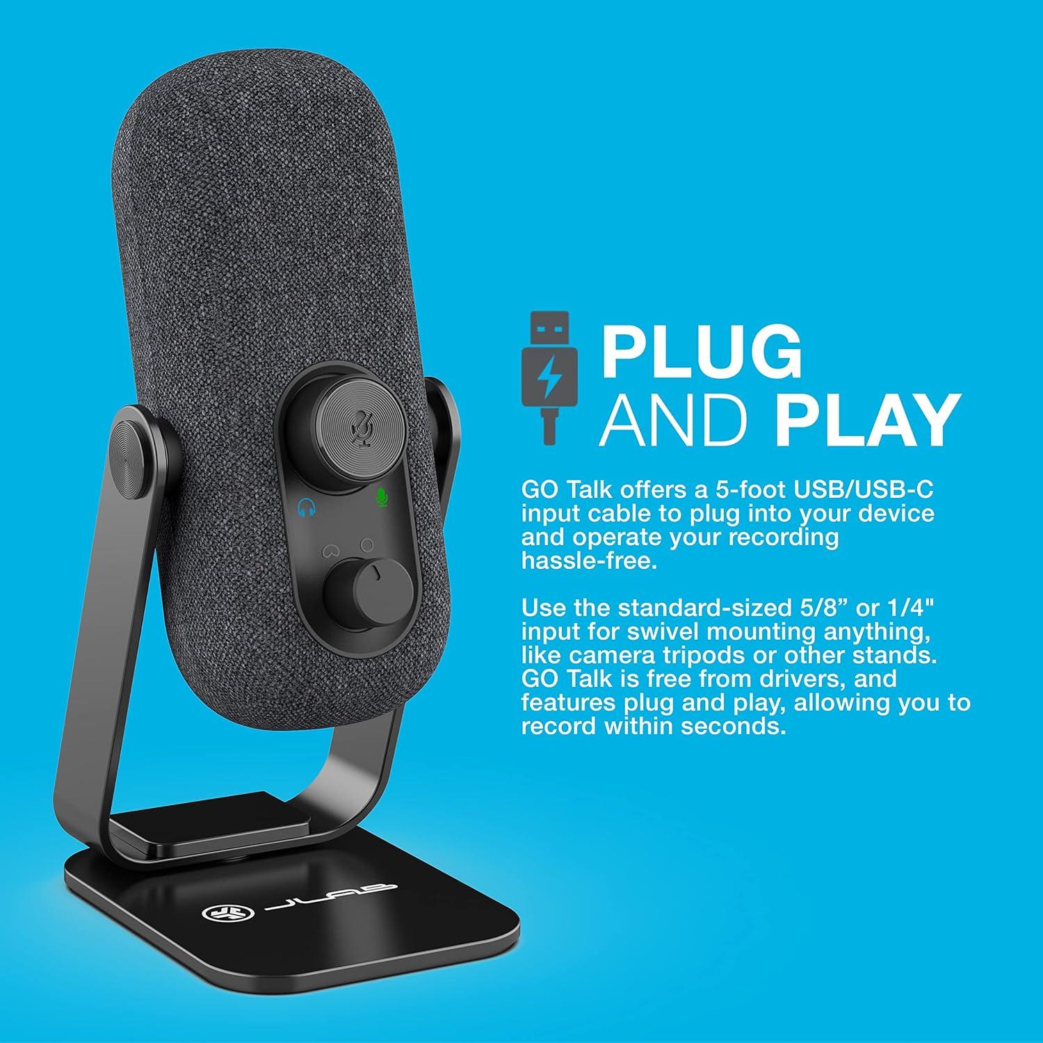 imageJLab Go Talk USB Gaming Streaming Microphone White USBC Output Cardioid Omnidirectional 96k Sample Rate 20Hz 20kHz Frequency Response Volume Control and Quick Mute 35mm AUX Plug and PlayBlack
