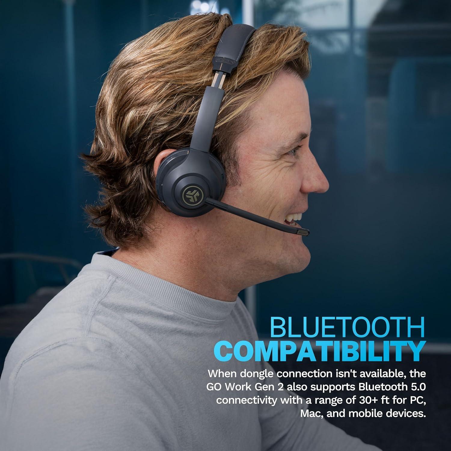 imageJLab Go Work Gen 2 Wireless Headsets with Microphone  55 Playtime PC Bluetooth Headset and Multipoint Connect to Laptop Computer and Mobile  Wired or Wireless Bluetooth or USB Dongle Headphones