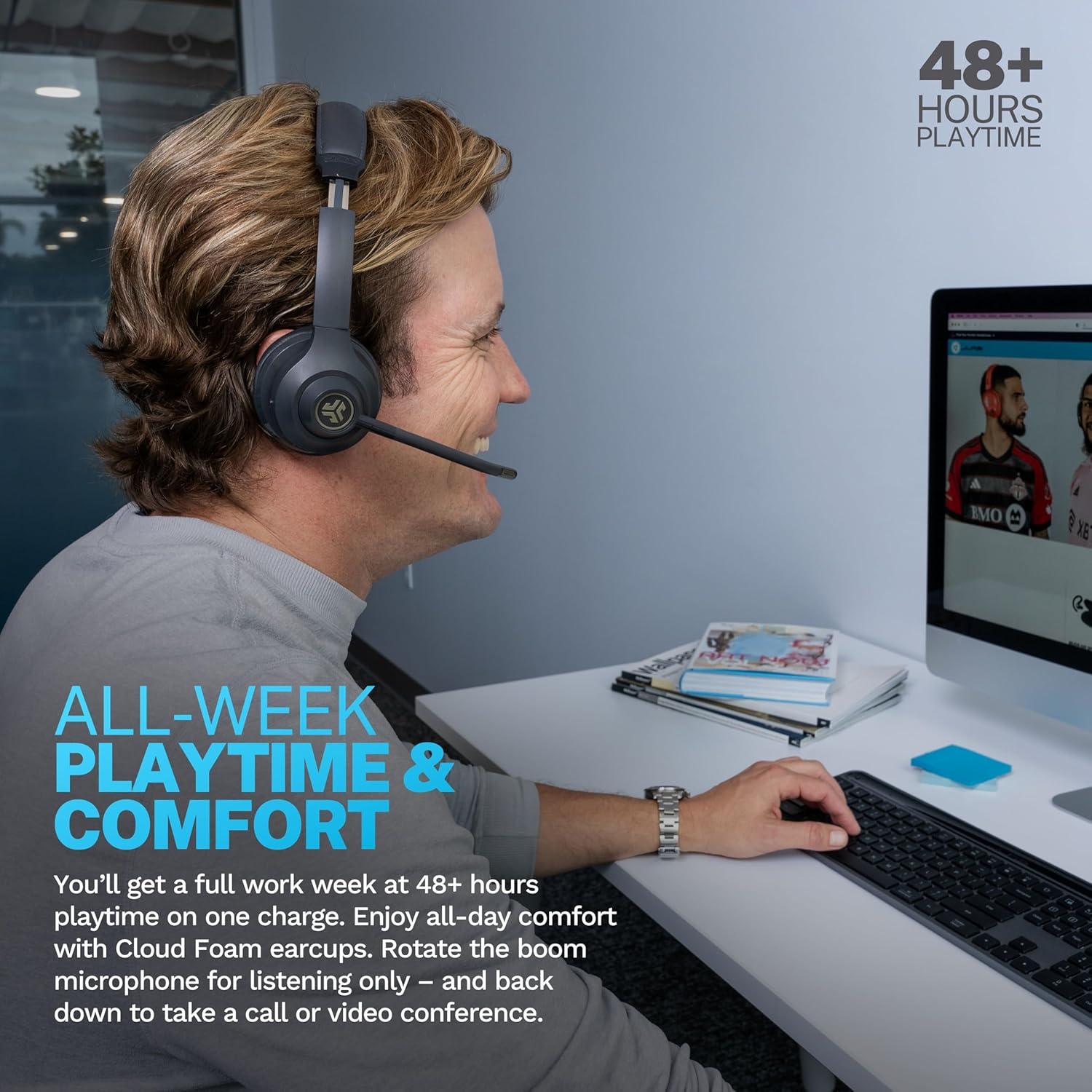 imageJLab Go Work Gen 2 Wireless Headsets with Microphone  55 Playtime PC Bluetooth Headset and Multipoint Connect to Laptop Computer and Mobile  Wired or Wireless Bluetooth or USB Dongle Headphones