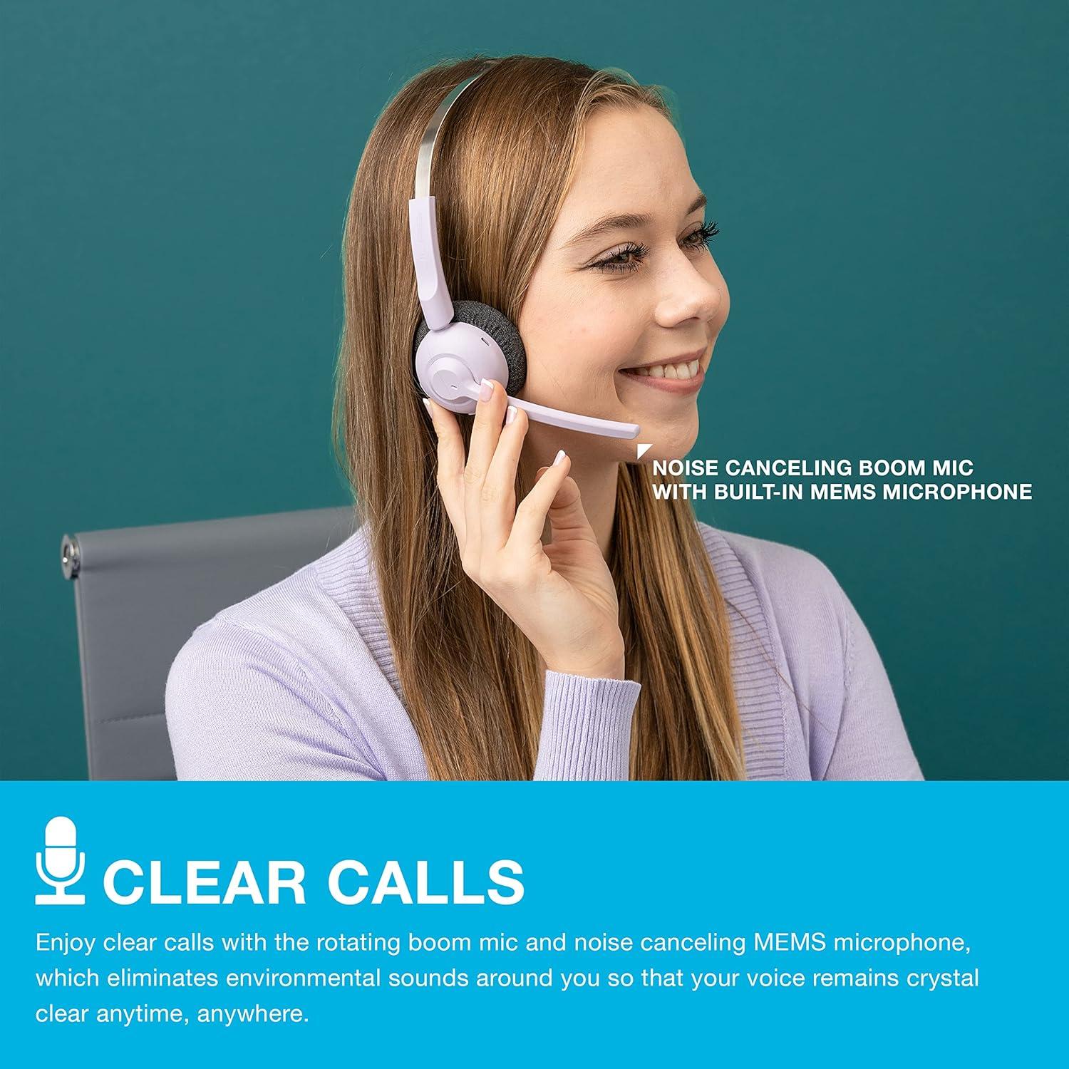 imageJLab Go Work Pop OnEar Wireless Headset Black 50 Hours Playtime Bluetooth Multipoint Rotating Boom Mic Noise Canceling MEMS Microphone LightWeight Portable PCMac Mobile 1 PackLilac