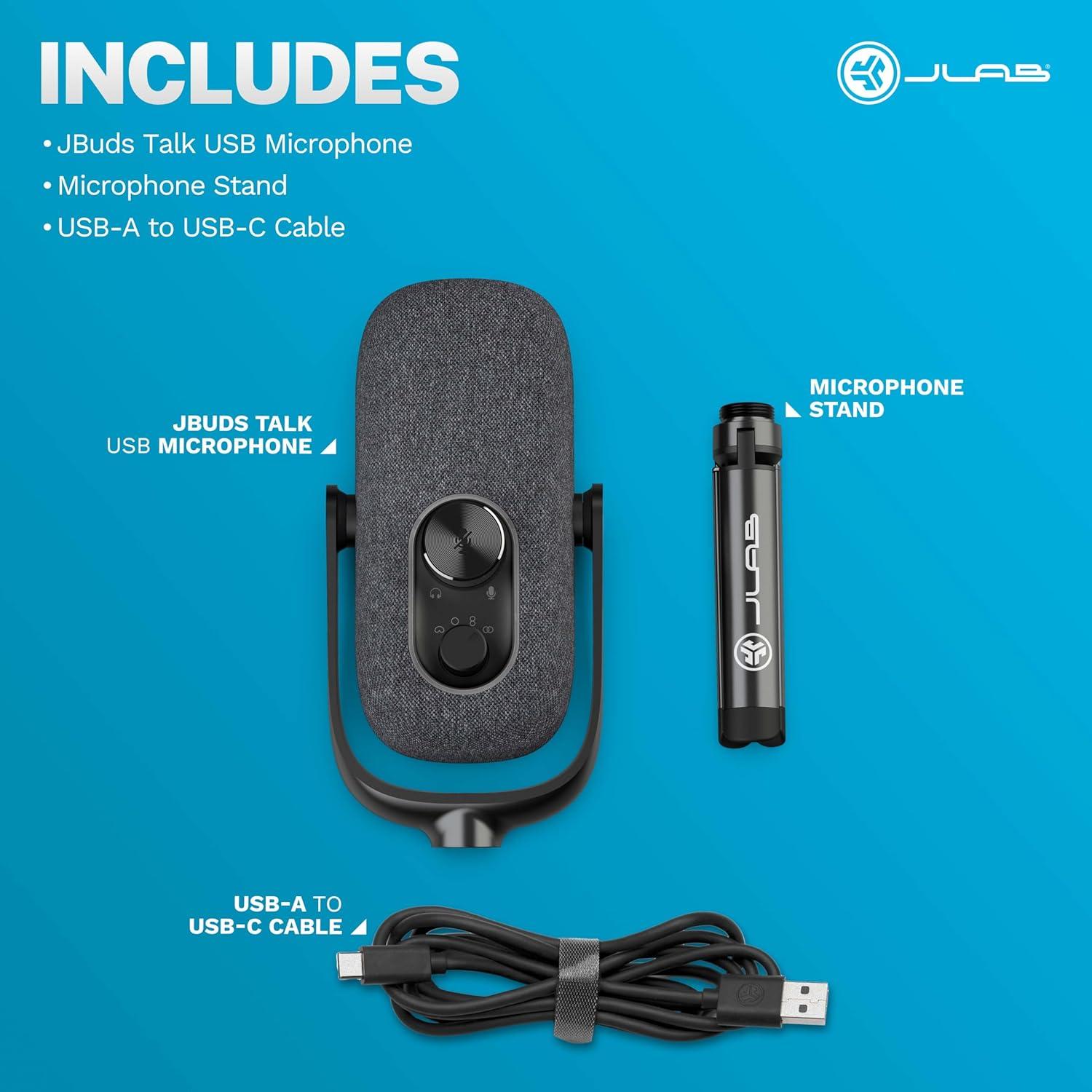 imageJLab JBuds Talk USB Gaming Streaming Microphone White USBC Output Cardioid Omni Stereo BiDirectional 96k Sample Rate Volume Control Gain Control and Quick Mute 35mm AUX Plug and PlayBlack