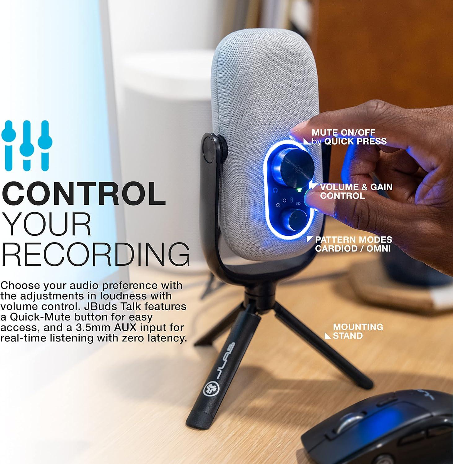 imageJLab JBuds Talk USB Gaming Streaming Microphone White USBC Output Cardioid Omni Stereo BiDirectional 96k Sample Rate Volume Control Gain Control and Quick Mute 35mm AUX Plug and PlayWhite