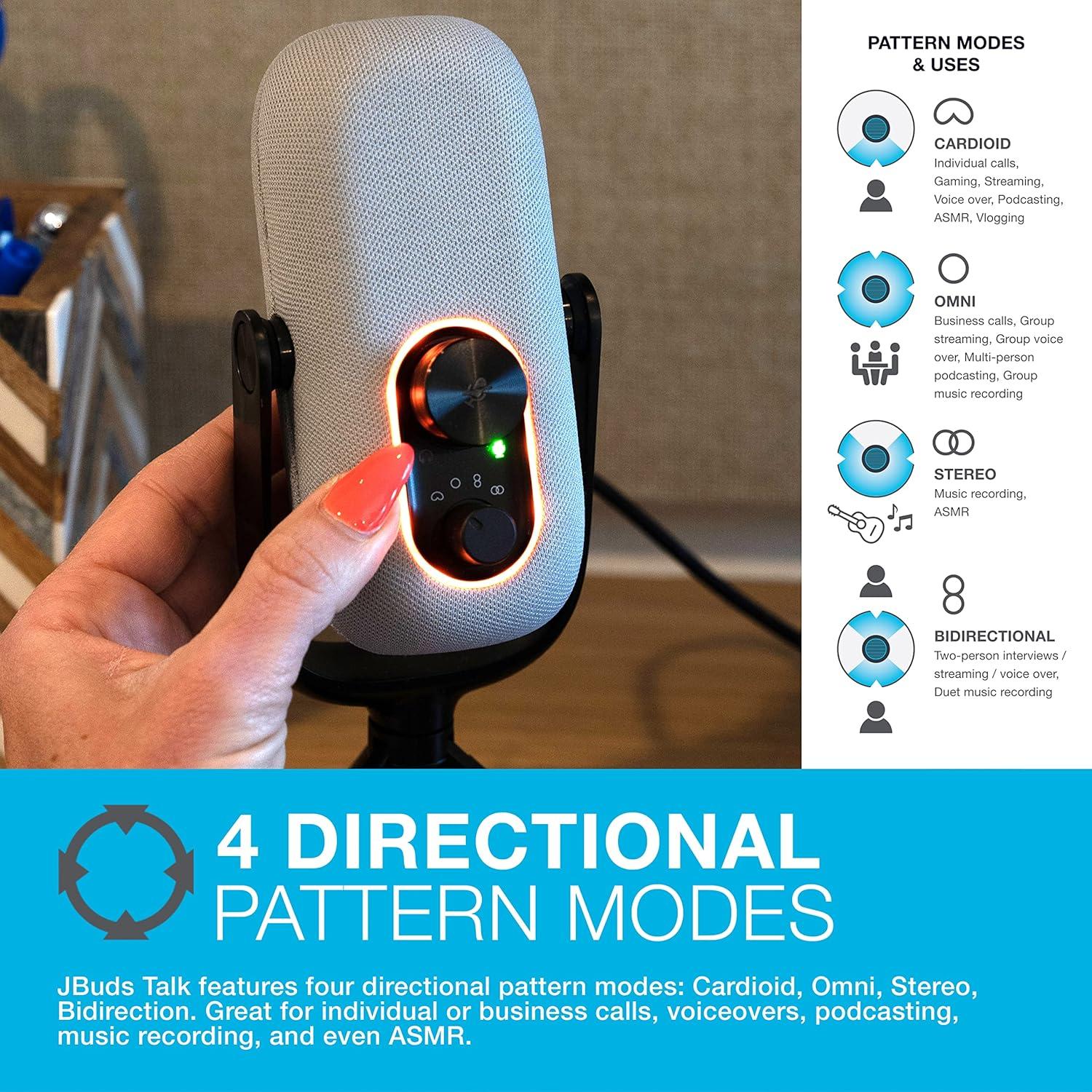 imageJLab JBuds Talk USB Gaming Streaming Microphone White USBC Output Cardioid Omni Stereo BiDirectional 96k Sample Rate Volume Control Gain Control and Quick Mute 35mm AUX Plug and PlayWhite