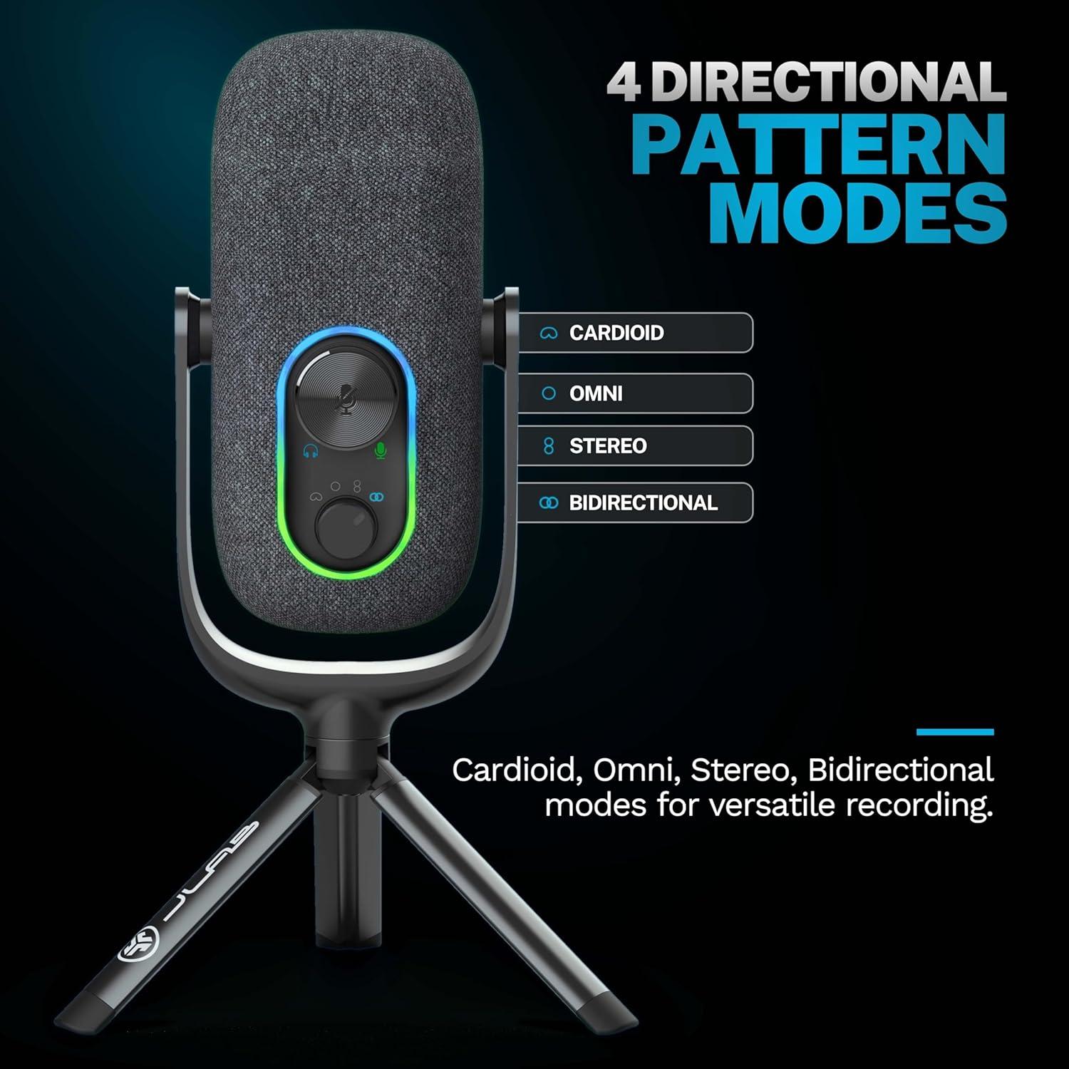 imageJLab JBuds Talk USB Gaming Streaming Microphone White USBC Output Cardioid Omni Stereo BiDirectional 96k Sample Rate Volume Control Gain Control and Quick Mute 35mm AUX Plug and PlayBlack