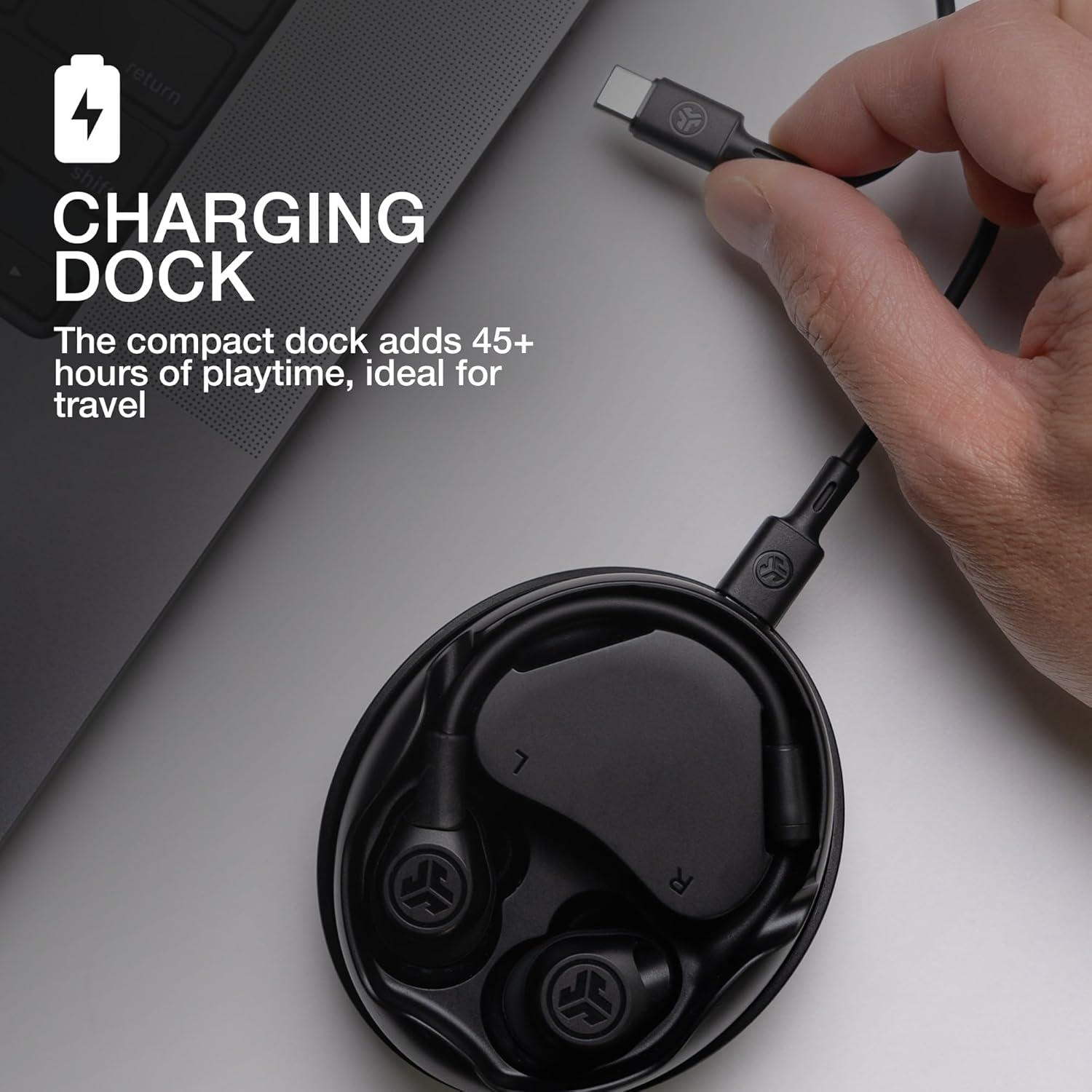 imageJLab Work Buds inEar True Wireless Headset with Detachable NoiseCanceling Boom Mic Black Long 55 Total Hours Playtime Bluetooth Multipoint USBC Charging Dock