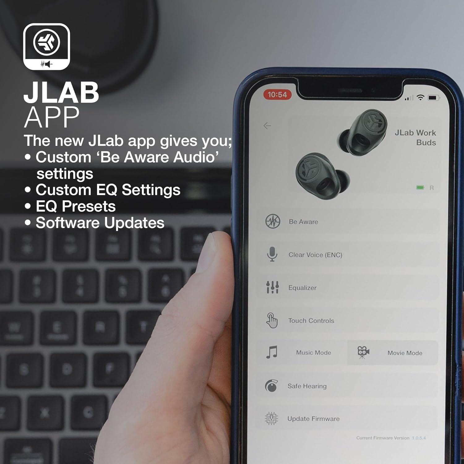 imageJLab Work Buds inEar True Wireless Headset with Detachable NoiseCanceling Boom Mic Black Long 55 Total Hours Playtime Bluetooth Multipoint USBC Charging Dock