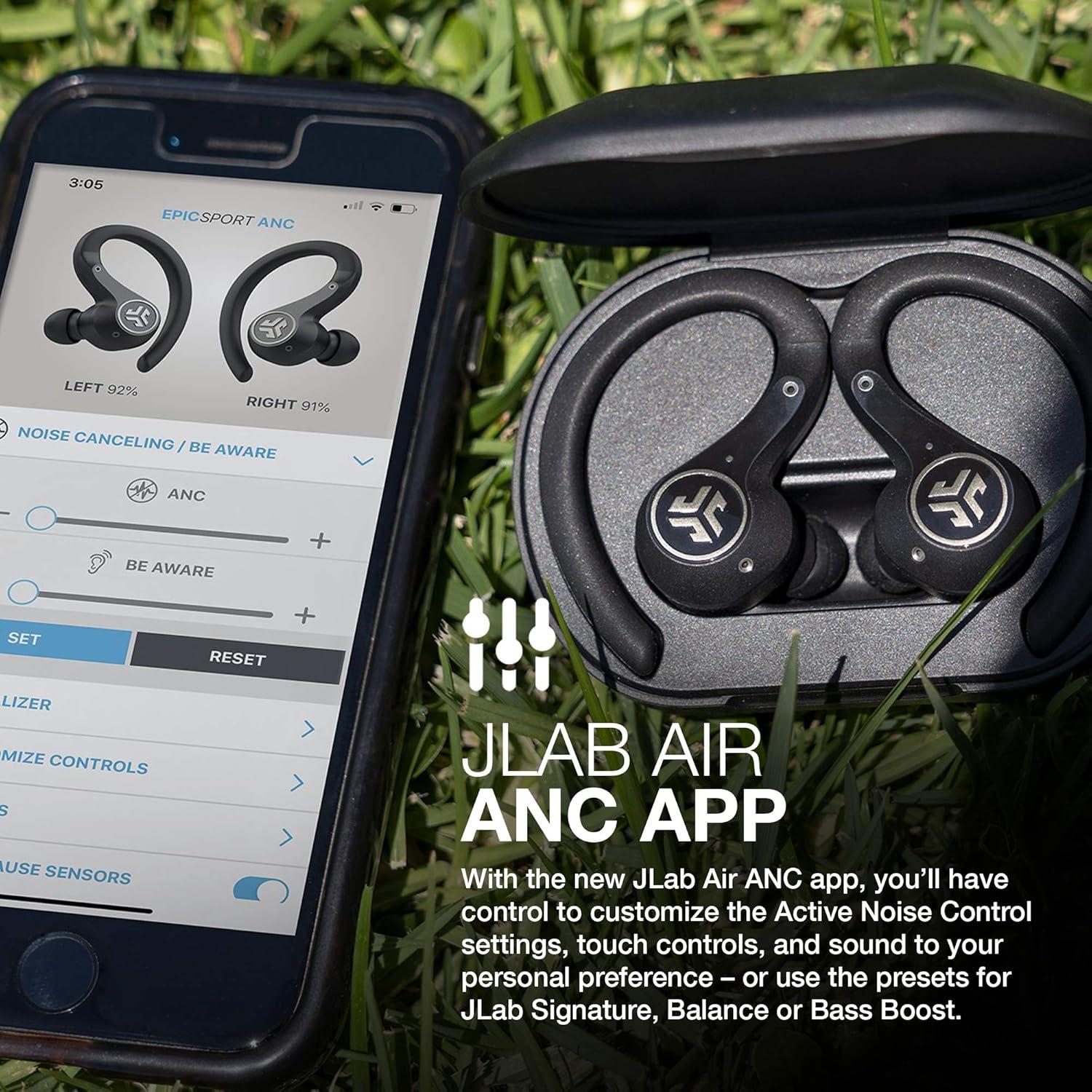 imageJLab Epic Air Sport ANC 3 True Wireless Bluetooth Earbuds for Active Workout Hybrid Dual Drivers for Premium Sound HiRes Audio Spatial Audio AAC Sweatproof 12 Hours Playtime Google Fast PairBlack