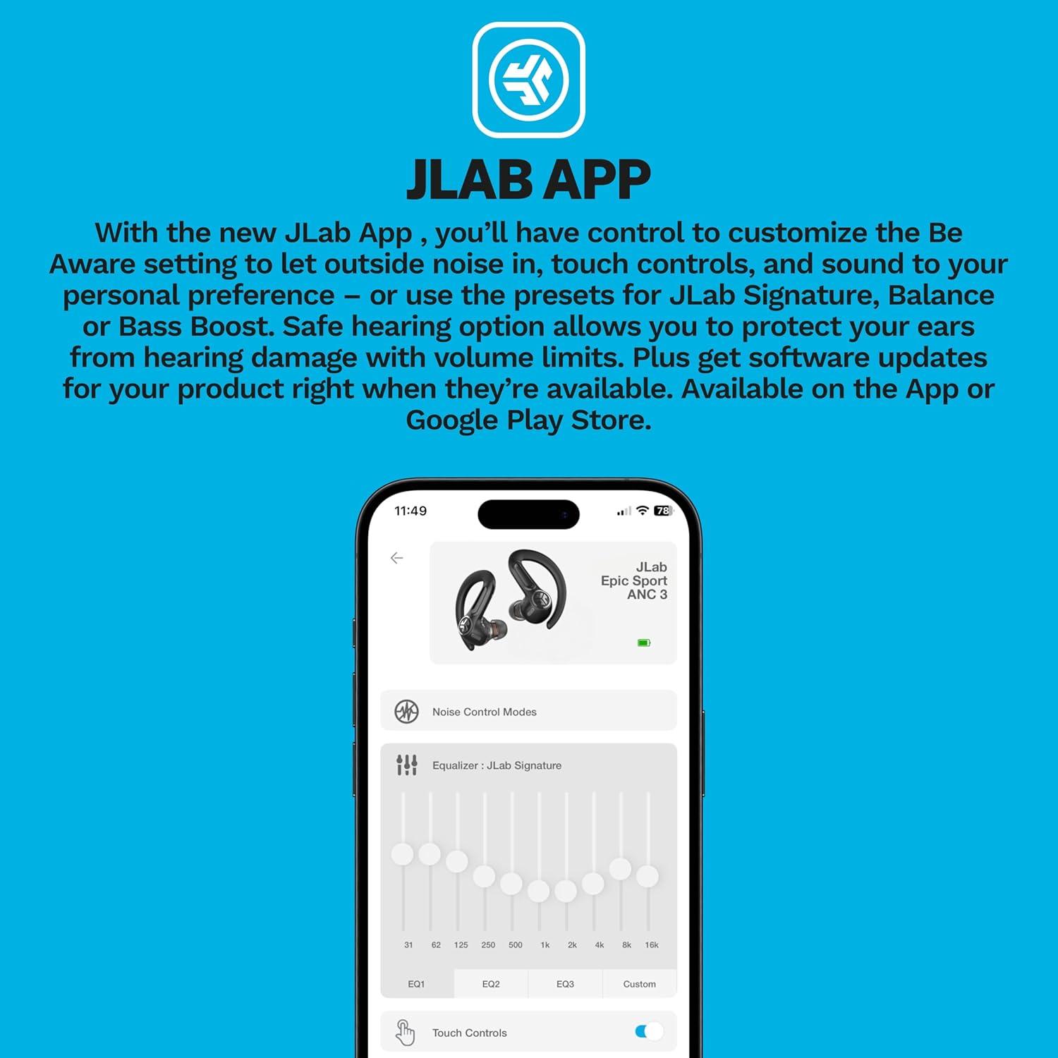 imageJLab Epic Air Sport ANC 3 True Wireless Bluetooth Earbuds for Active Workout Hybrid Dual Drivers for Premium Sound HiRes Audio Spatial Audio AAC Sweatproof 12 Hours Playtime Google Fast PairBlack