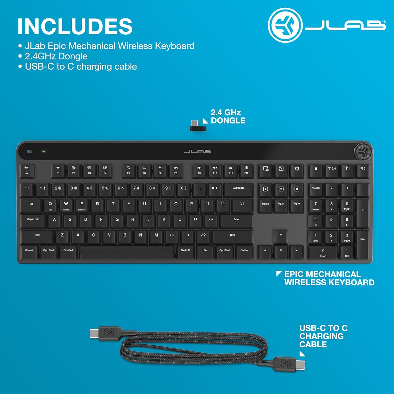 imageJLab Epic Mechanical Wireless Keyboard Black 108 Keys Bluetooth or USB Wireless Dongle MultiDevice Toggle Backlit Mechanical Keys Smart Media Knob Custom User Profiles Rechargeable 1 Pack