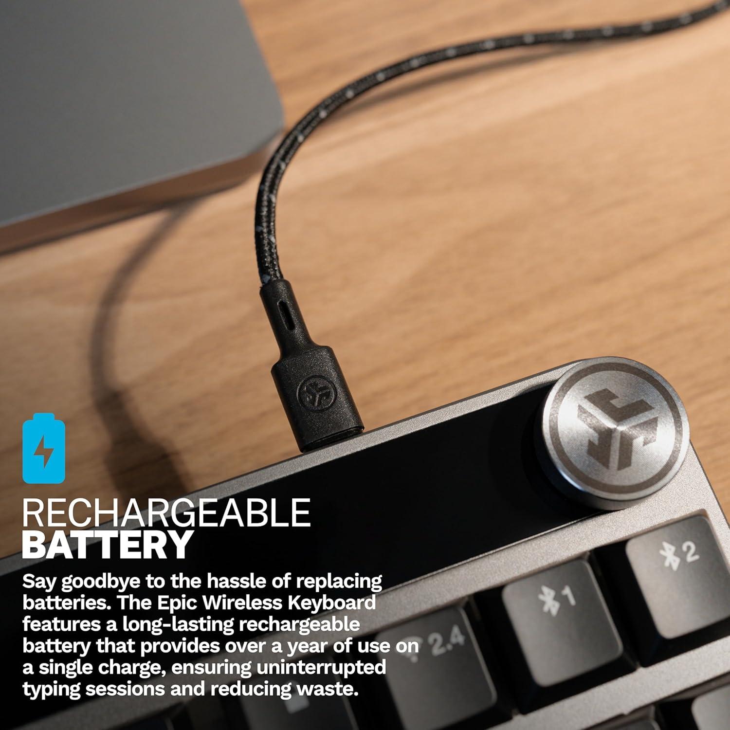 imageJLab Epic Mechanical Wireless Keyboard Black 108 Keys Bluetooth or USB Wireless Dongle MultiDevice Toggle Backlit Mechanical Keys Smart Media Knob Custom User Profiles Rechargeable 1 Pack