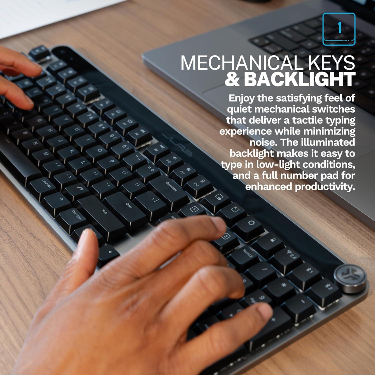 imageJLab Epic Mechanical Wireless Keyboard Black 108 Keys Bluetooth or USB Wireless Dongle MultiDevice Toggle Backlit Mechanical Keys Smart Media Knob Custom User Profiles Rechargeable 1 Pack