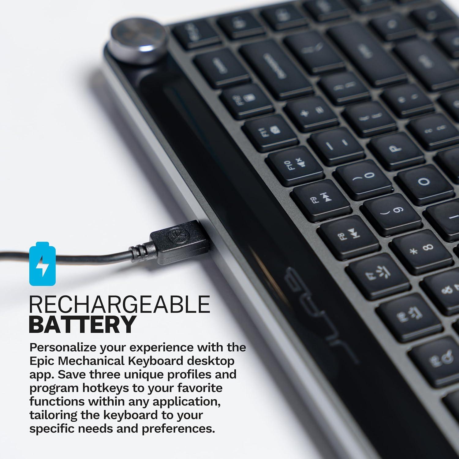 imageJLab Epic Mini Wireless Keyboard Black 108 Keys Connect Via Bluetooth or USB Wireless Dongle MultiDevice Toggle Soft Touch Keys Smart Media Knob Custom User Profiles Rechargeable 1 Pack