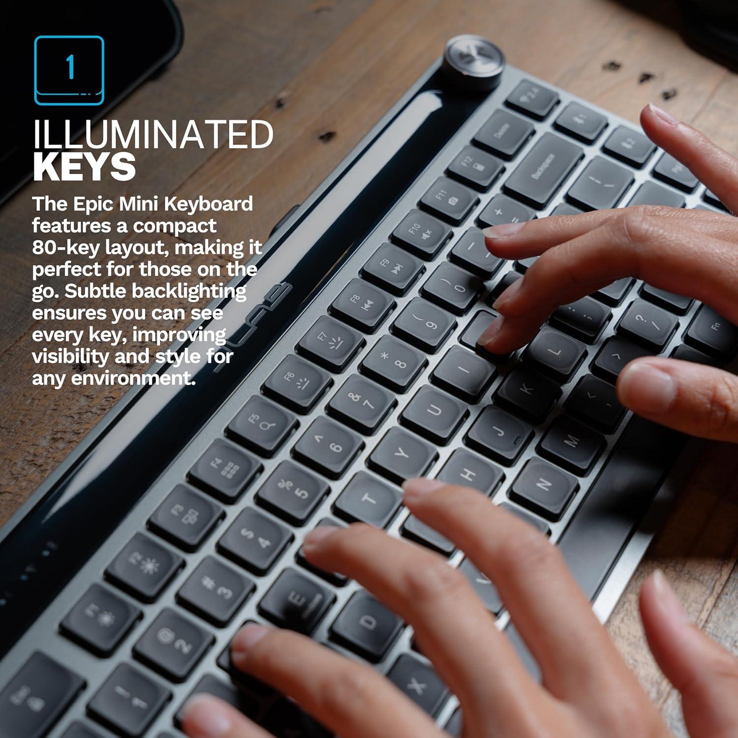 imageJLab Epic Mini Wireless Keyboard Black 108 Keys Connect Via Bluetooth or USB Wireless Dongle MultiDevice Toggle Soft Touch Keys Smart Media Knob Custom User Profiles Rechargeable 1 Pack