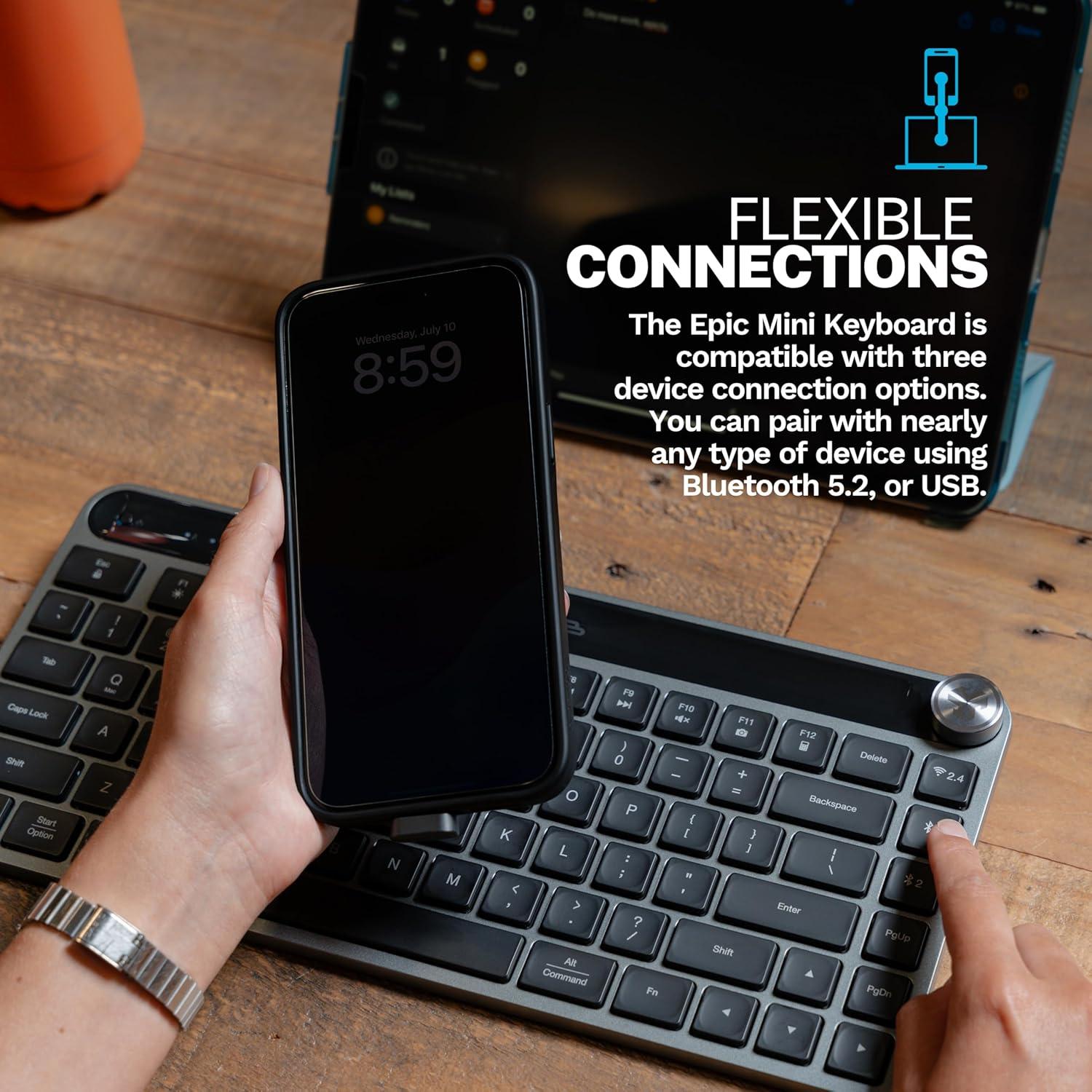 imageJLab Epic Mini Wireless Keyboard Black 108 Keys Connect Via Bluetooth or USB Wireless Dongle MultiDevice Toggle Soft Touch Keys Smart Media Knob Custom User Profiles Rechargeable 1 Pack