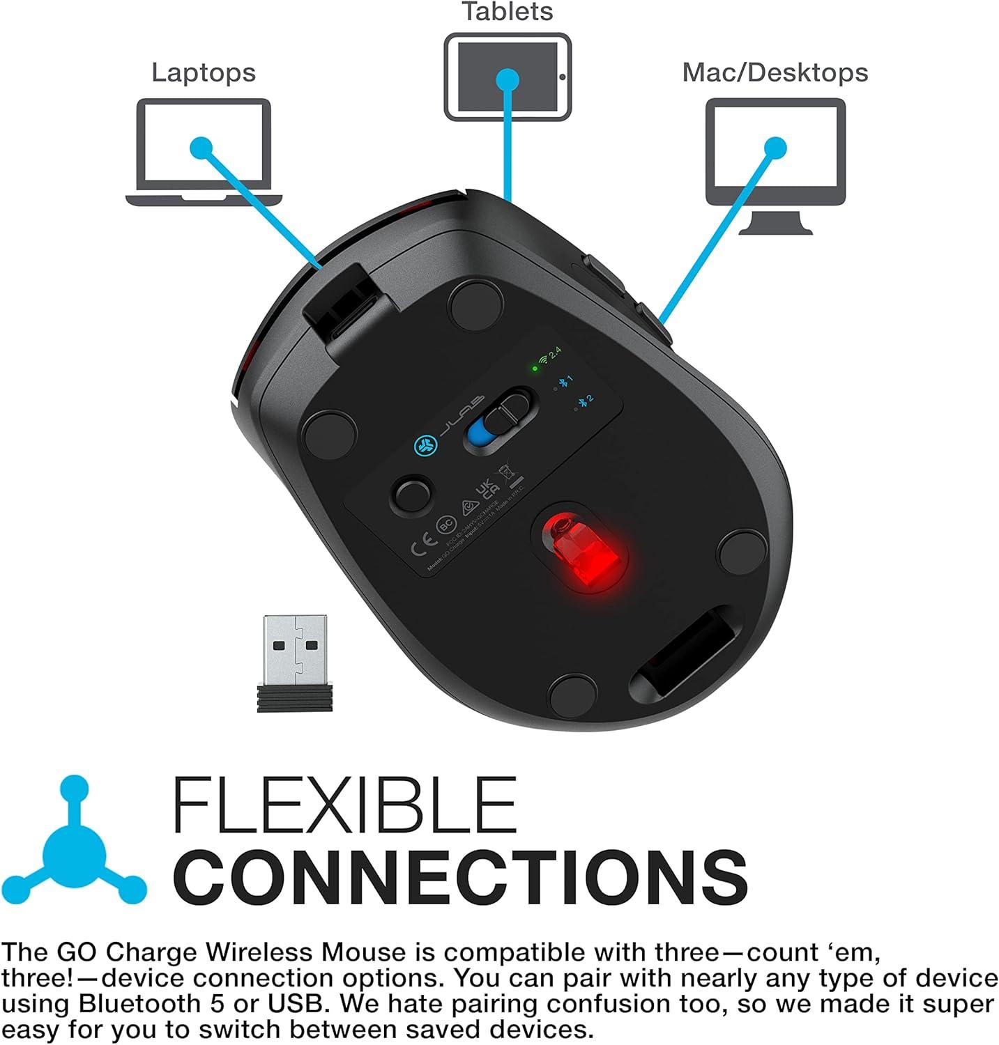 imageJLab GO Charge Wireless Mouse Connect Via Bluetooth or USB Wireless Dongle MultiDevice Toggle Portable UltraCompact and Lightweight for Work on The Go Adjustable Tracking 1 Pack1 Pack