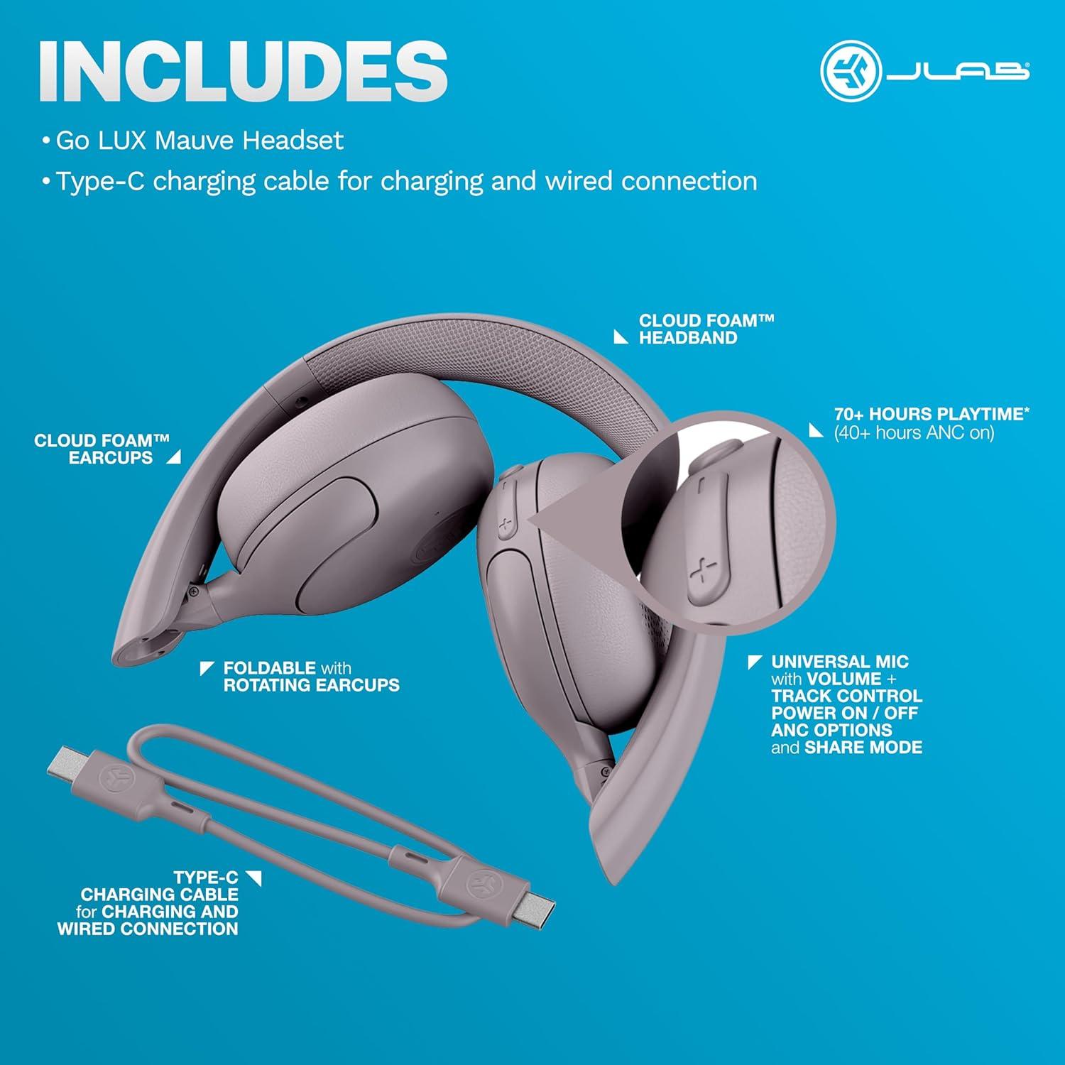 imageJLab Go Lux ANC Wireless Headphones Graphite Hybrid Active Noise Cancelling Premium OnEar Bluetooth Headset Customizable Sound Be Aware Mode Cloud Foam Comfort Multipoint ConnectionMauve