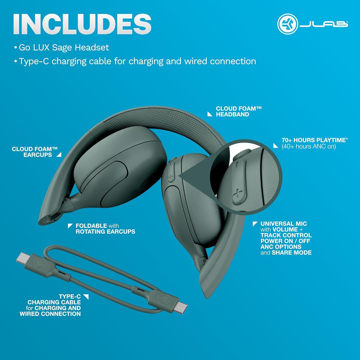 imageJLab Go Lux ANC Wireless Headphones Graphite Hybrid Active Noise Cancelling Premium OnEar Bluetooth Headset Customizable Sound Be Aware Mode Cloud Foam Comfort Multipoint ConnectionSage