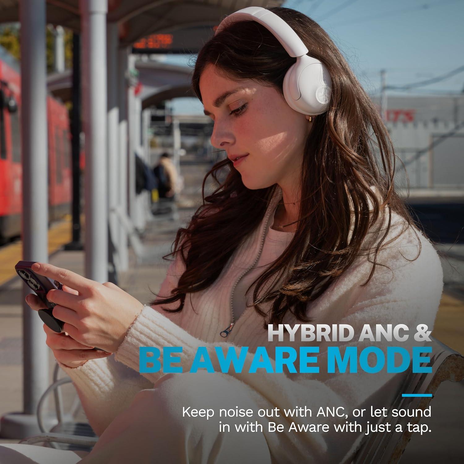 imageJLab Go Lux ANC Wireless Headphones Graphite Hybrid Active Noise Cancelling Premium OnEar Bluetooth Headset Customizable Sound Be Aware Mode Cloud Foam Comfort Multipoint ConnectionCloud White