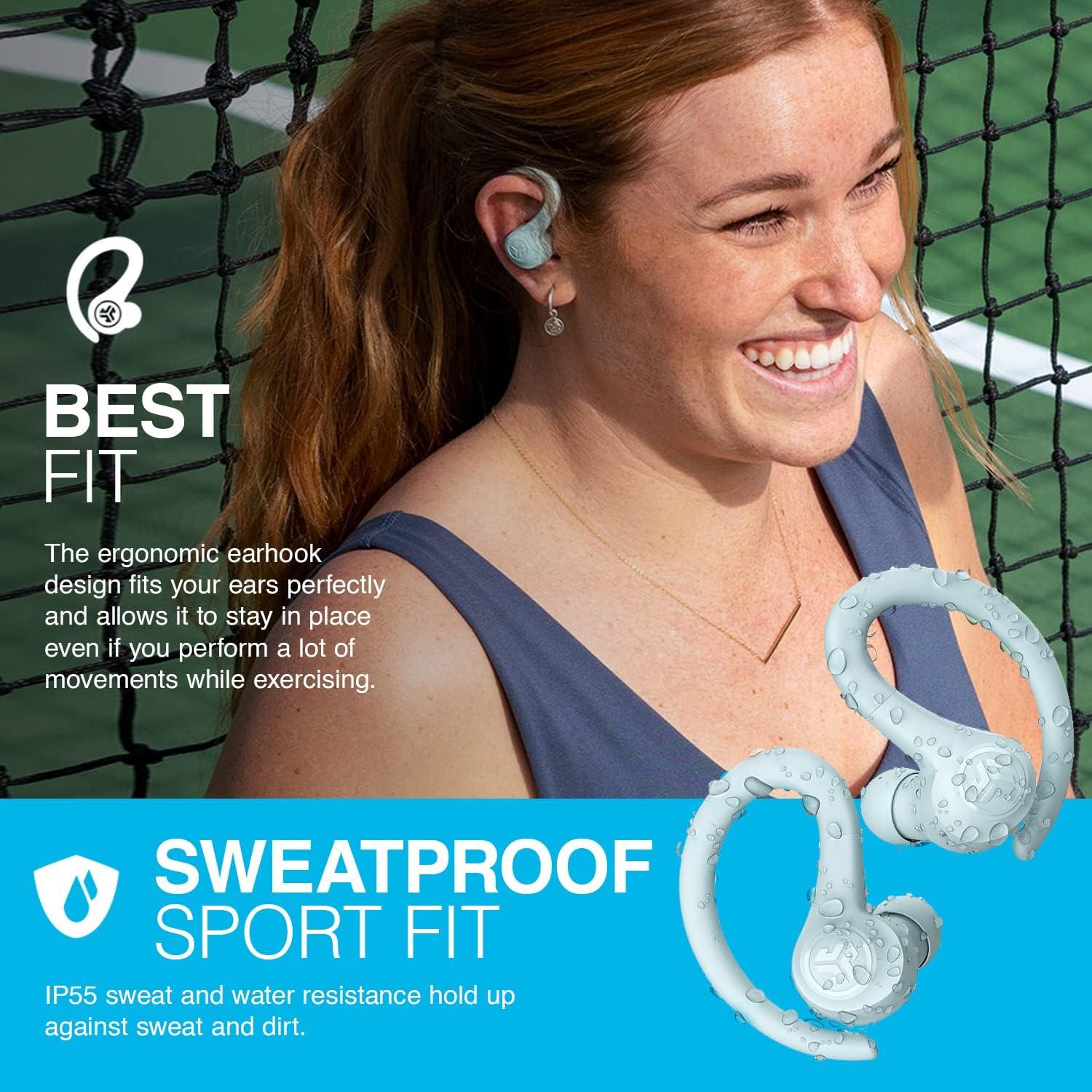 imageJLab Go Sport Wireless Workout Earbuds Featuring C3 Clear Calling Secure Earhook Sport Design 35 Hour Bluetooth Playtime and 3 EQ Sound Settings GraphiteLight Blue