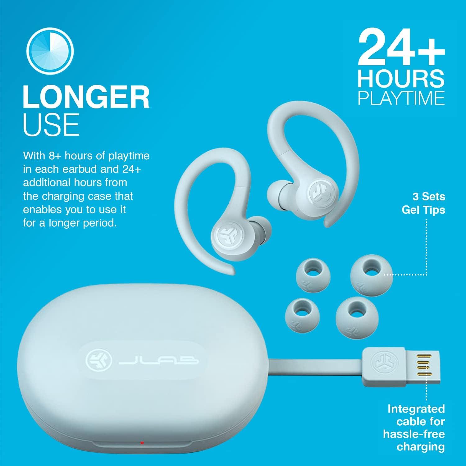 imageJLab Go Sport Wireless Workout Earbuds Featuring C3 Clear Calling Secure Earhook Sport Design 35 Hour Bluetooth Playtime and 3 EQ Sound Settings GraphiteLight Blue
