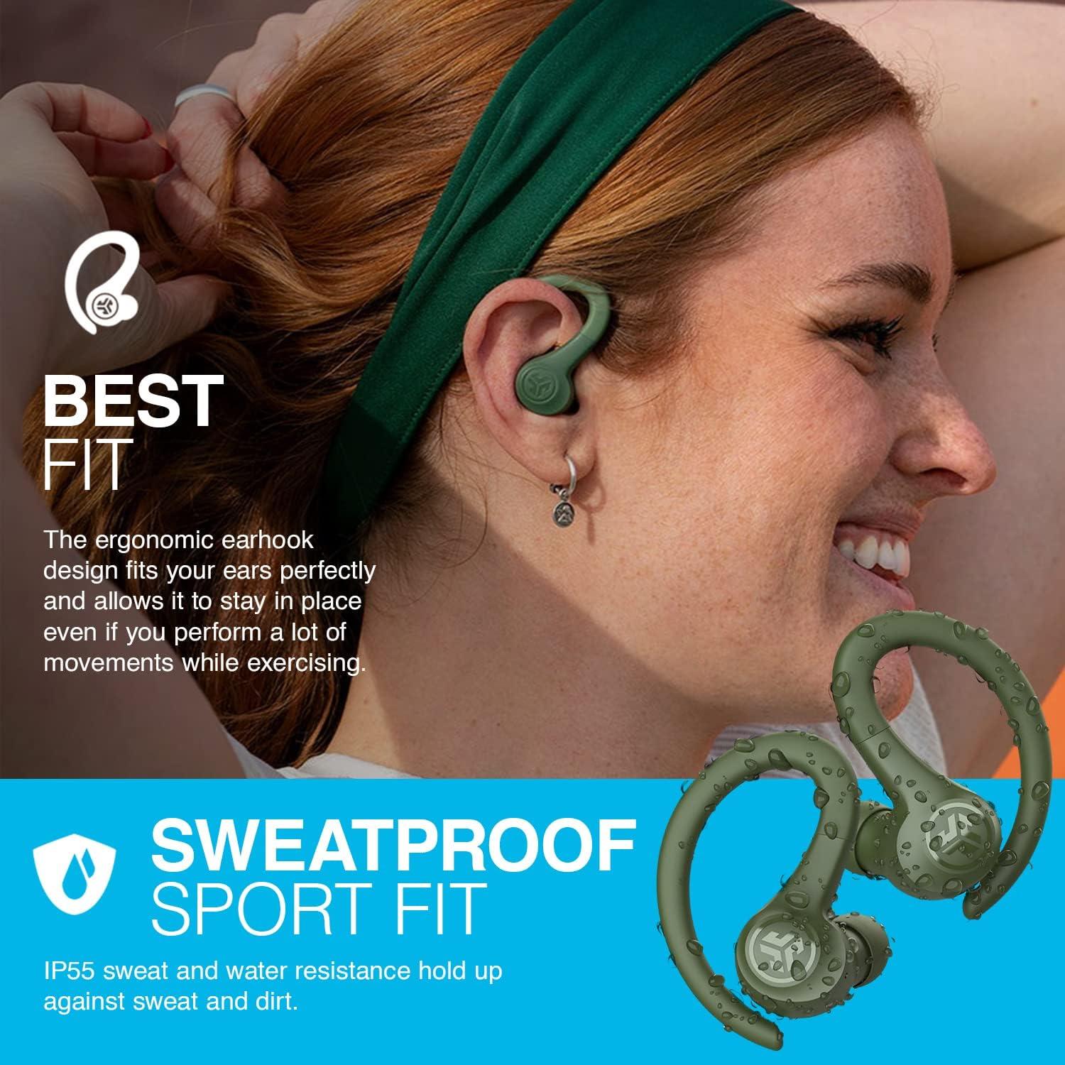 imageJLab Go Sport Wireless Workout Earbuds Featuring C3 Clear Calling Secure Earhook Sport Design 35 Hour Bluetooth Playtime and 3 EQ Sound Settings GraphiteGreen