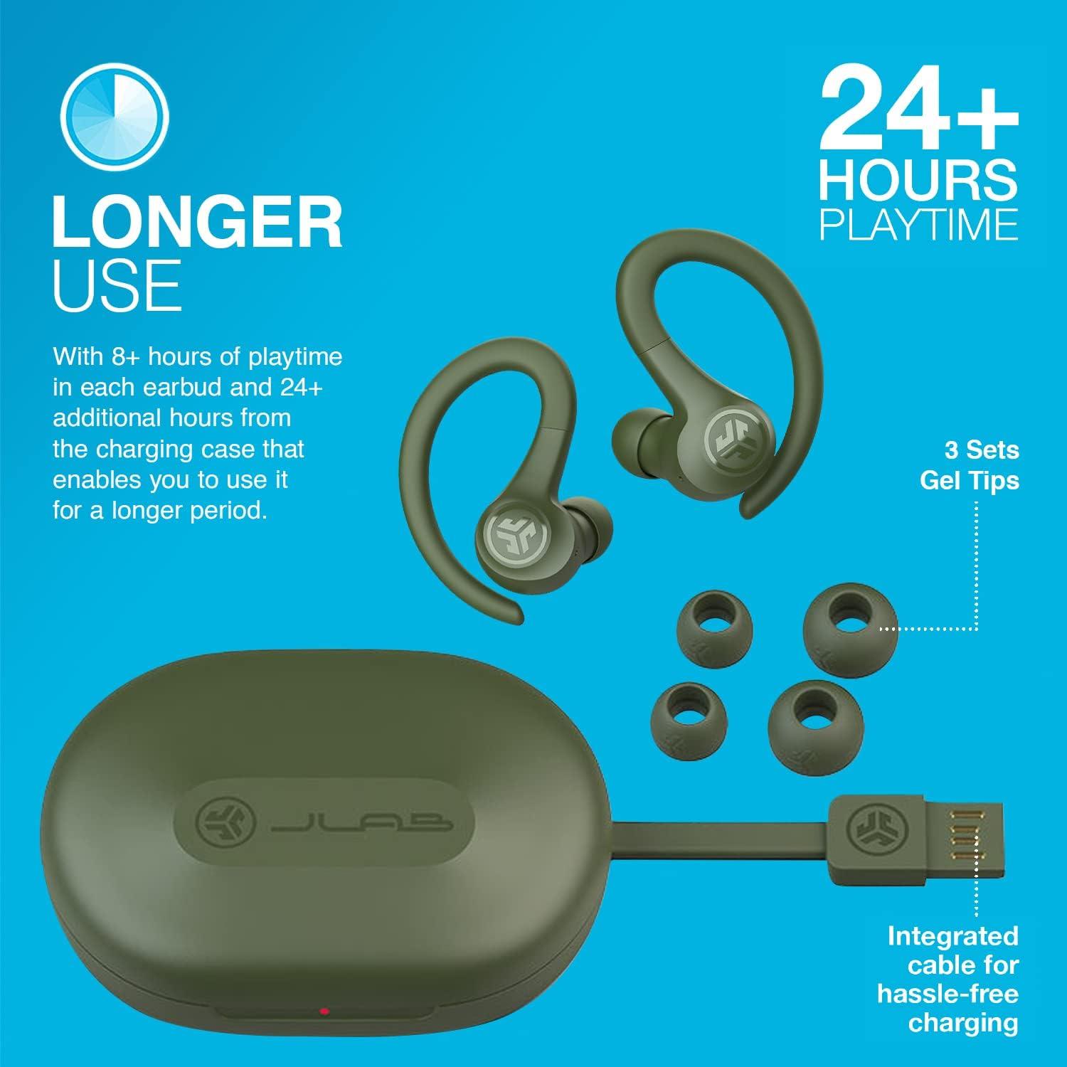 imageJLab Go Sport Wireless Workout Earbuds Featuring C3 Clear Calling Secure Earhook Sport Design 35 Hour Bluetooth Playtime and 3 EQ Sound Settings GraphiteGreen