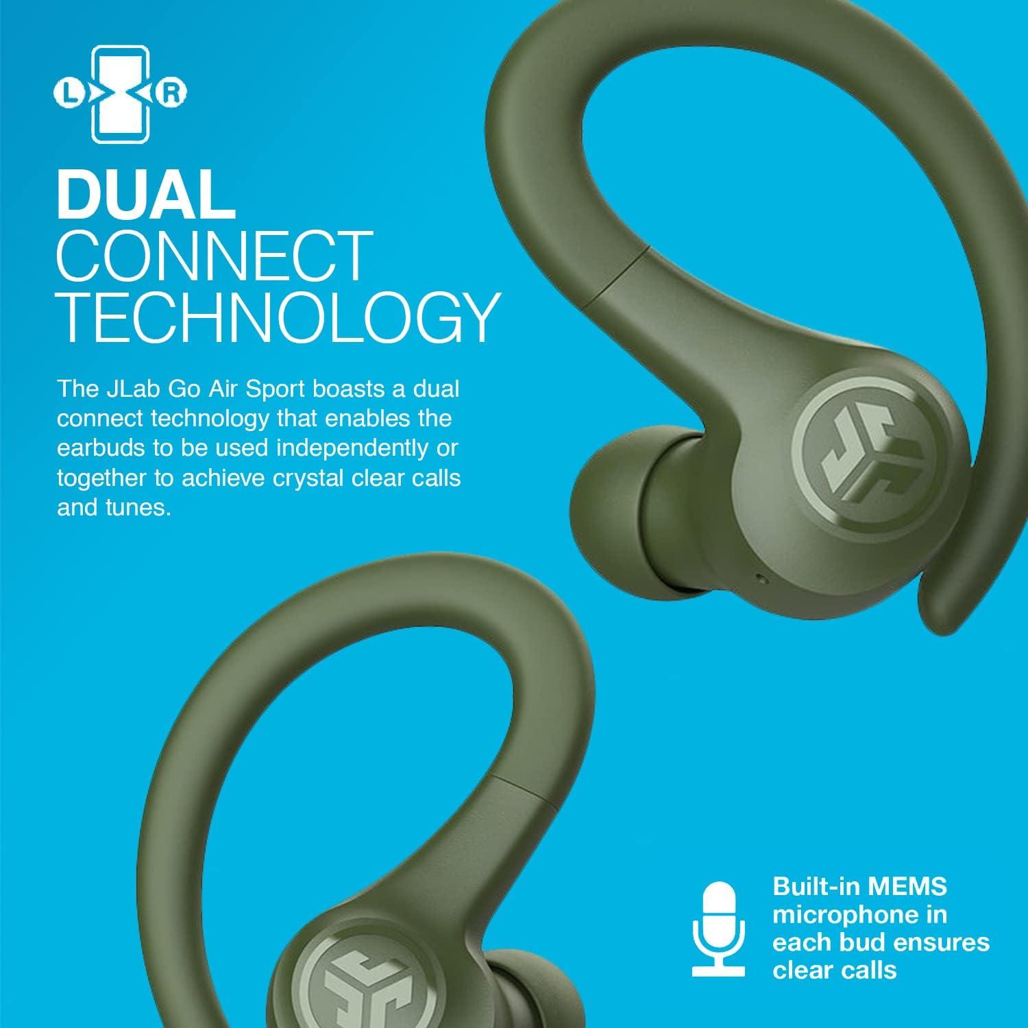 imageJLab Go Sport Wireless Workout Earbuds Featuring C3 Clear Calling Secure Earhook Sport Design 35 Hour Bluetooth Playtime and 3 EQ Sound Settings GraphiteGreen
