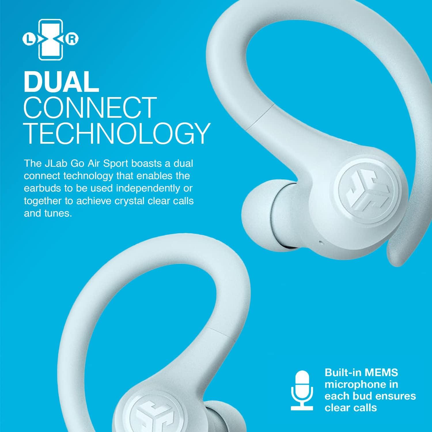imageJLab Go Sport Wireless Workout Earbuds Featuring C3 Clear Calling Secure Earhook Sport Design 35 Hour Bluetooth Playtime and 3 EQ Sound Settings GraphiteLight Blue