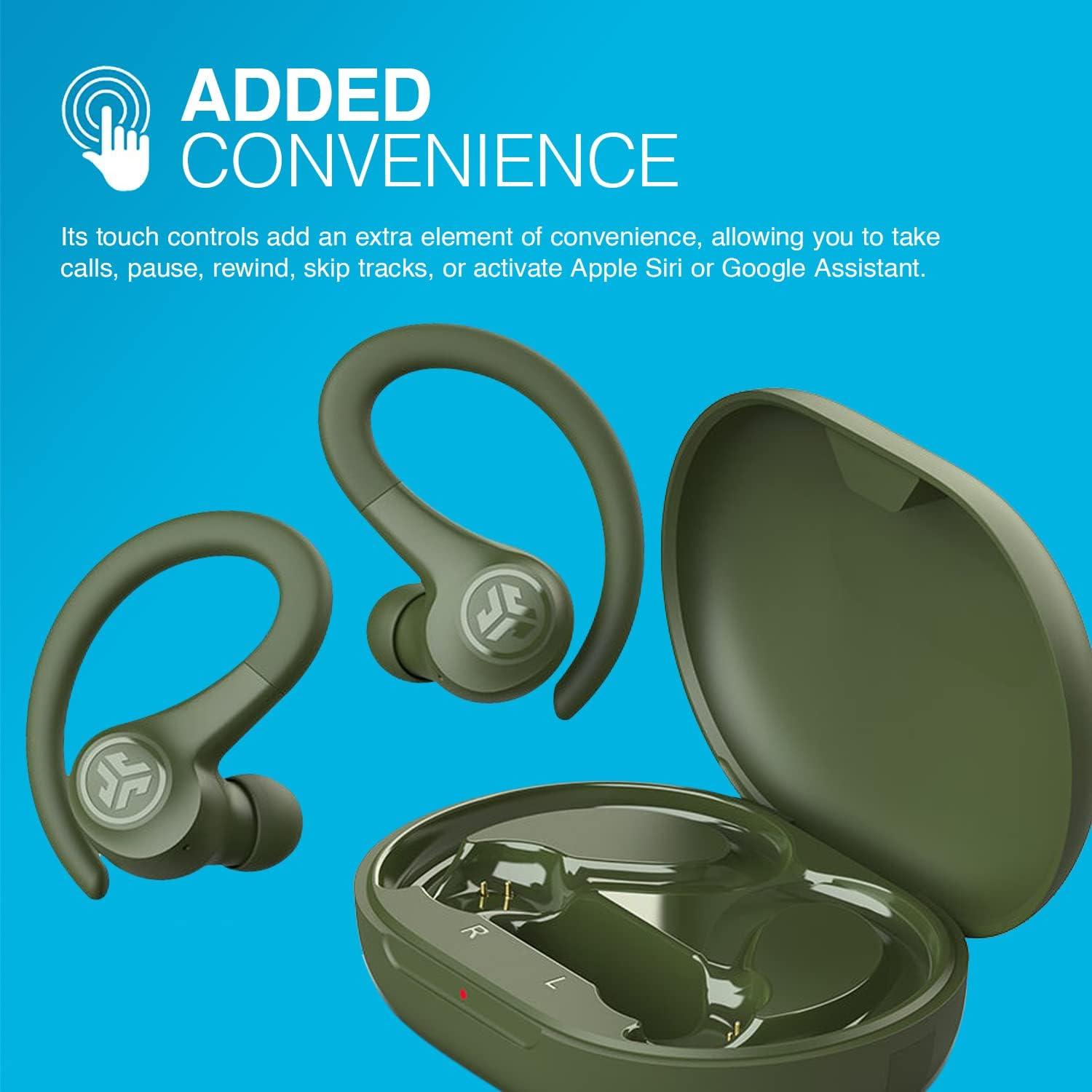 imageJLab Go Sport Wireless Workout Earbuds Featuring C3 Clear Calling Secure Earhook Sport Design 35 Hour Bluetooth Playtime and 3 EQ Sound Settings GraphiteGreen