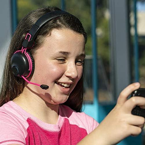 imageJLab JBuddies Play Gaming Wireless Kids Headset Blue 22 Hour Bluetooth 5 Playtime 60ms SuperLow Latency for Mobile Gameplay Retractable Boom Mic AUX Cord Compatible wGaming ConsolesPink
