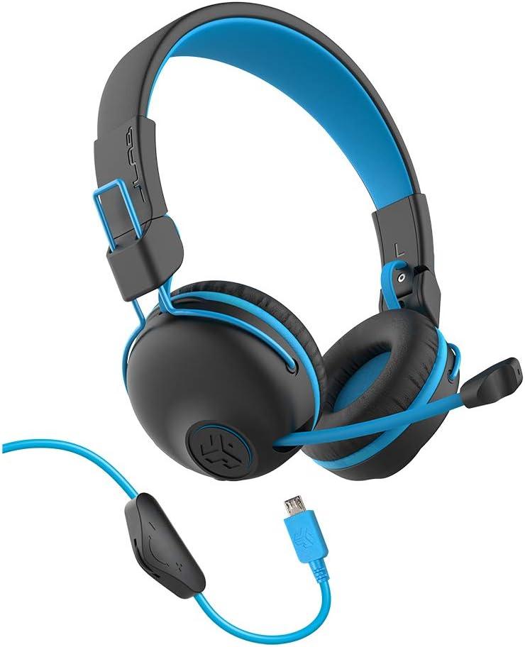 imageJLab JBuddies Play Gaming Wireless Kids Headset Blue 22 Hour Bluetooth 5 Playtime 60ms SuperLow Latency for Mobile Gameplay Retractable Boom Mic AUX Cord Compatible wGaming ConsolesBlue