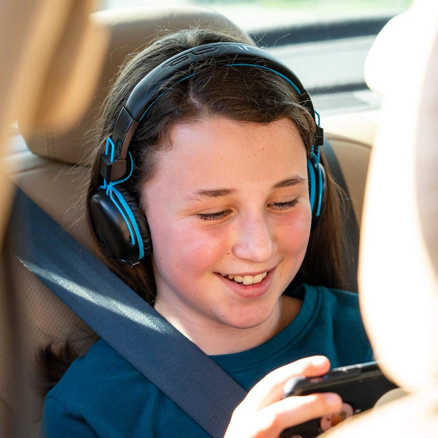 imageJLab JBuddies Play Gaming Wireless Kids Headset Blue 22 Hour Bluetooth 5 Playtime 60ms SuperLow Latency for Mobile Gameplay Retractable Boom Mic AUX Cord Compatible wGaming ConsolesBlue