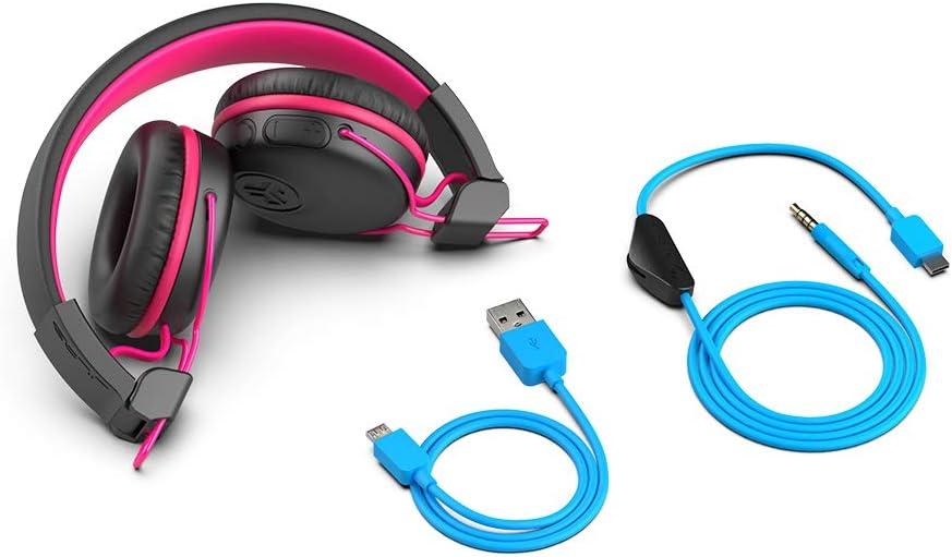 imageJLab JBuddies Play Gaming Wireless Kids Headset Blue 22 Hour Bluetooth 5 Playtime 60ms SuperLow Latency for Mobile Gameplay Retractable Boom Mic AUX Cord Compatible wGaming ConsolesPink