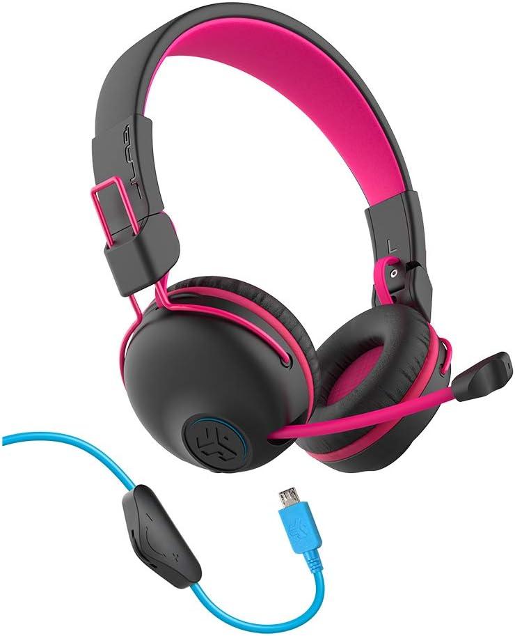 imageJLab JBuddies Play Gaming Wireless Kids Headset Blue 22 Hour Bluetooth 5 Playtime 60ms SuperLow Latency for Mobile Gameplay Retractable Boom Mic AUX Cord Compatible wGaming ConsolesPink