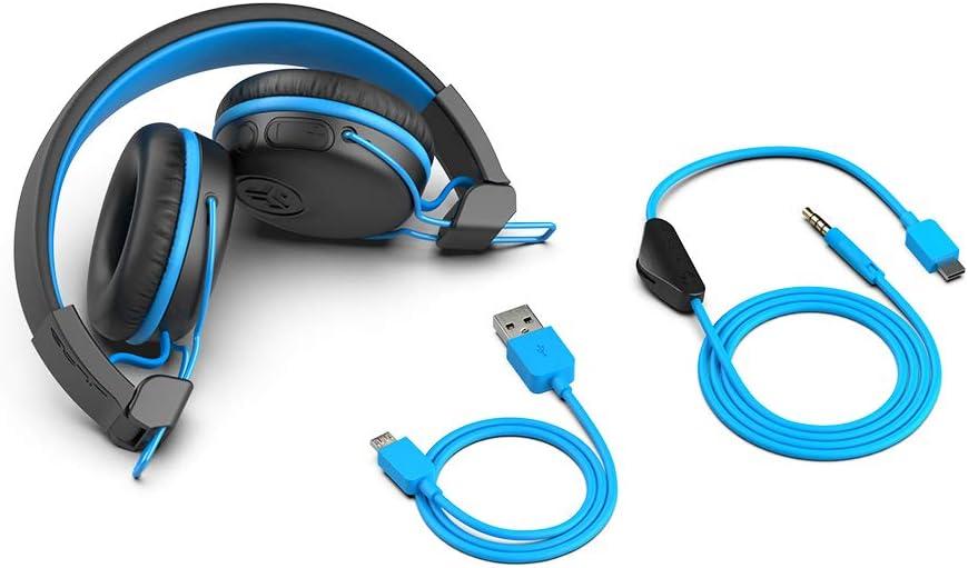 imageJLab JBuddies Play Gaming Wireless Kids Headset Blue 22 Hour Bluetooth 5 Playtime 60ms SuperLow Latency for Mobile Gameplay Retractable Boom Mic AUX Cord Compatible wGaming ConsolesBlue