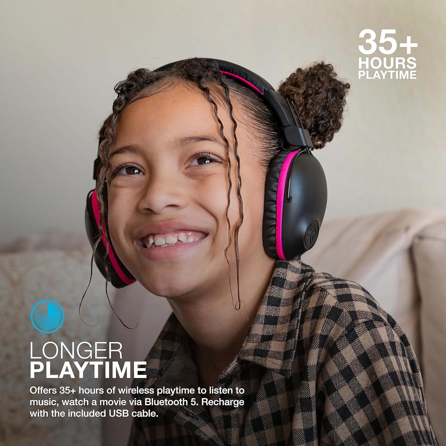 imageJLab JBuddies Pro Wireless OverEar Kids Headphones 35 Hour Battery Life Builtin Volume Regulators for Safety Share Mode Folding Adjustable Noise Isolation with Mic BluePink
