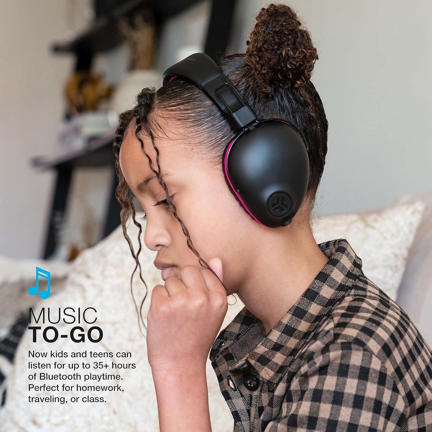 imageJLab JBuddies Pro Wireless OverEar Kids Headphones 35 Hour Battery Life Builtin Volume Regulators for Safety Share Mode Folding Adjustable Noise Isolation with Mic BluePink