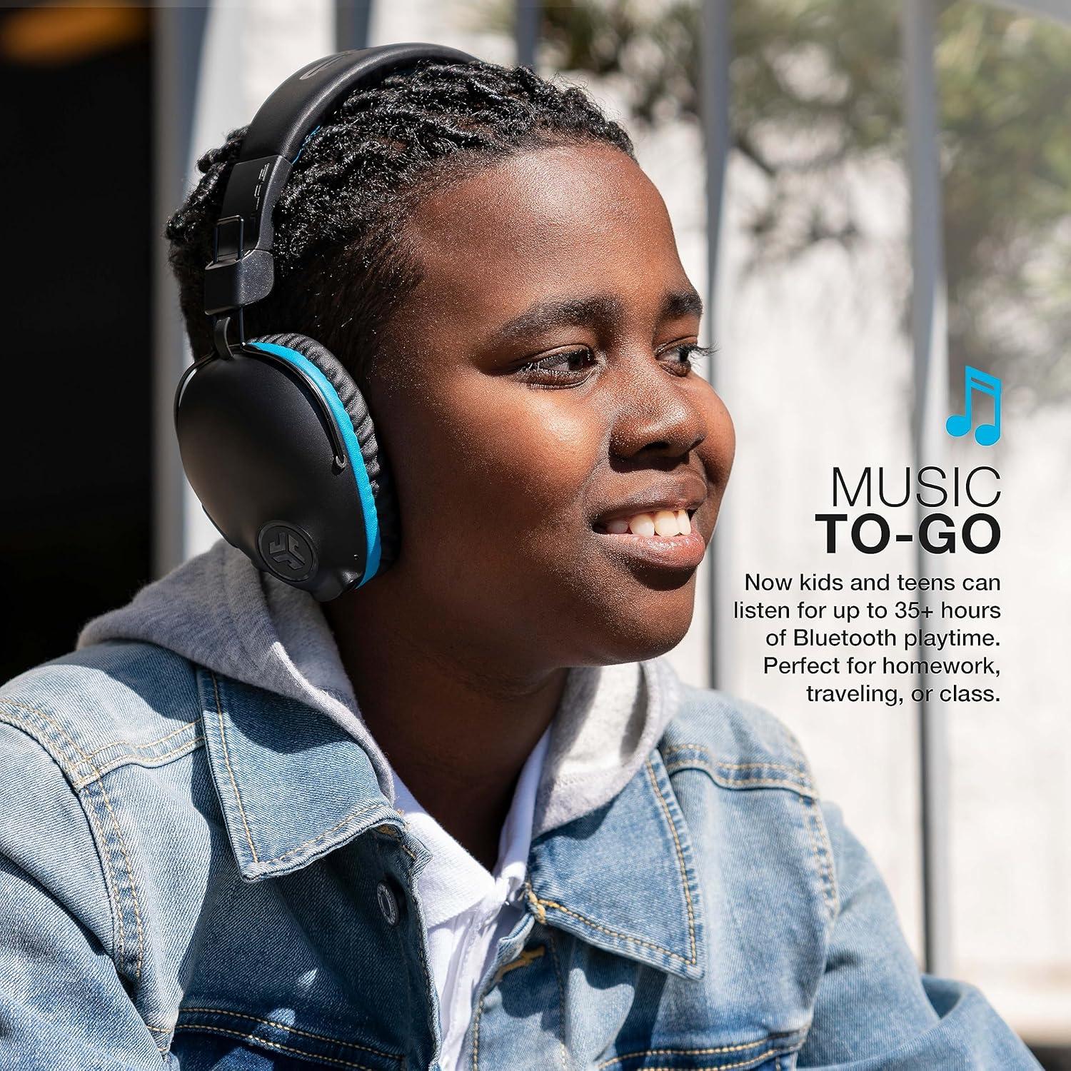 imageJLab JBuddies Pro Wireless OverEar Kids Headphones 35 Hour Battery Life Builtin Volume Regulators for Safety Share Mode Folding Adjustable Noise Isolation with Mic BlueBlue