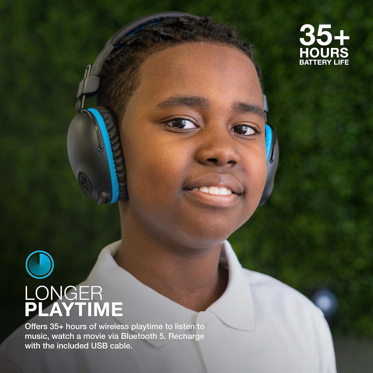 imageJLab JBuddies Pro Wireless OverEar Kids Headphones 35 Hour Battery Life Builtin Volume Regulators for Safety Share Mode Folding Adjustable Noise Isolation with Mic BlueBlue