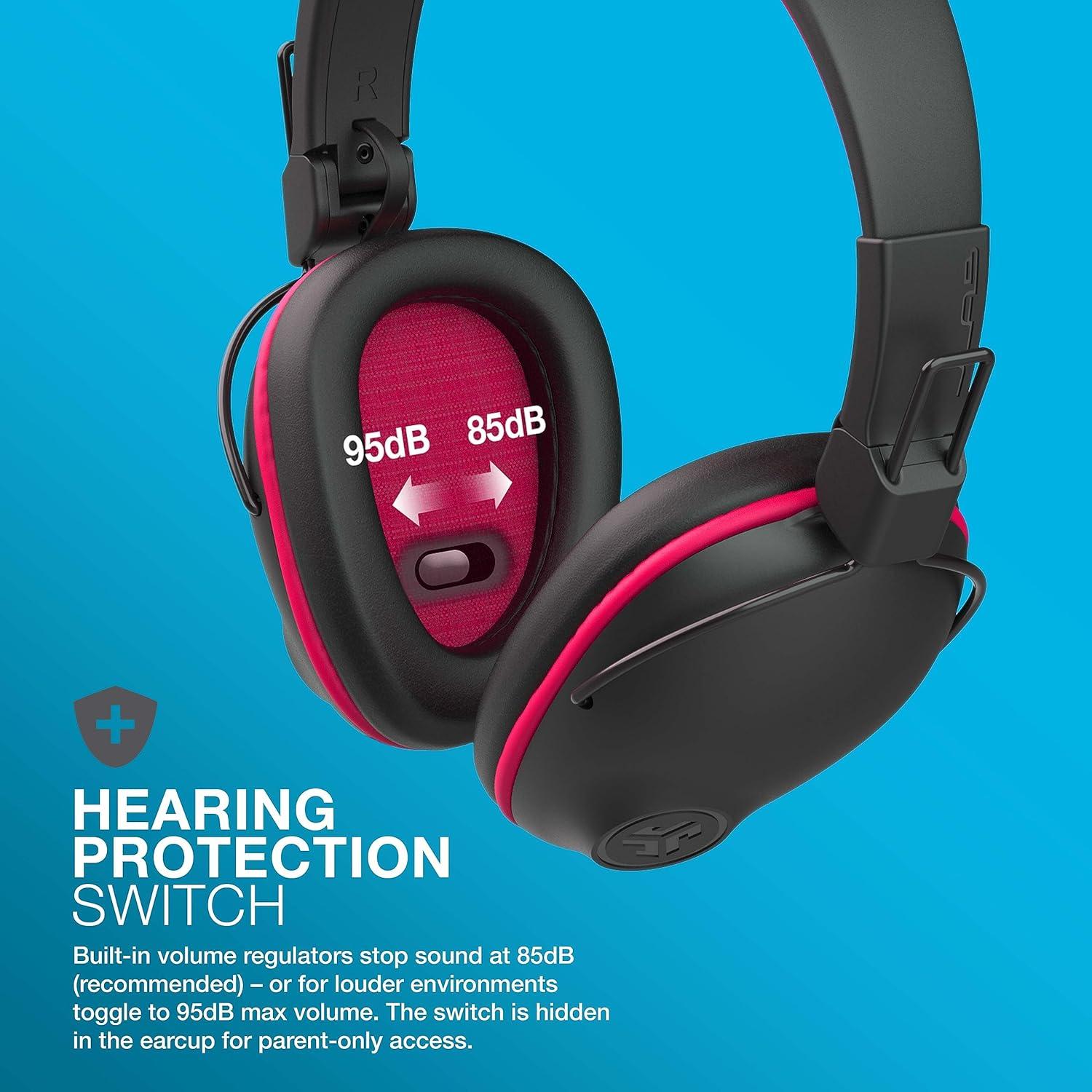 imageJLab JBuddies Pro Wireless OverEar Kids Headphones 35 Hour Battery Life Builtin Volume Regulators for Safety Share Mode Folding Adjustable Noise Isolation with Mic BluePink